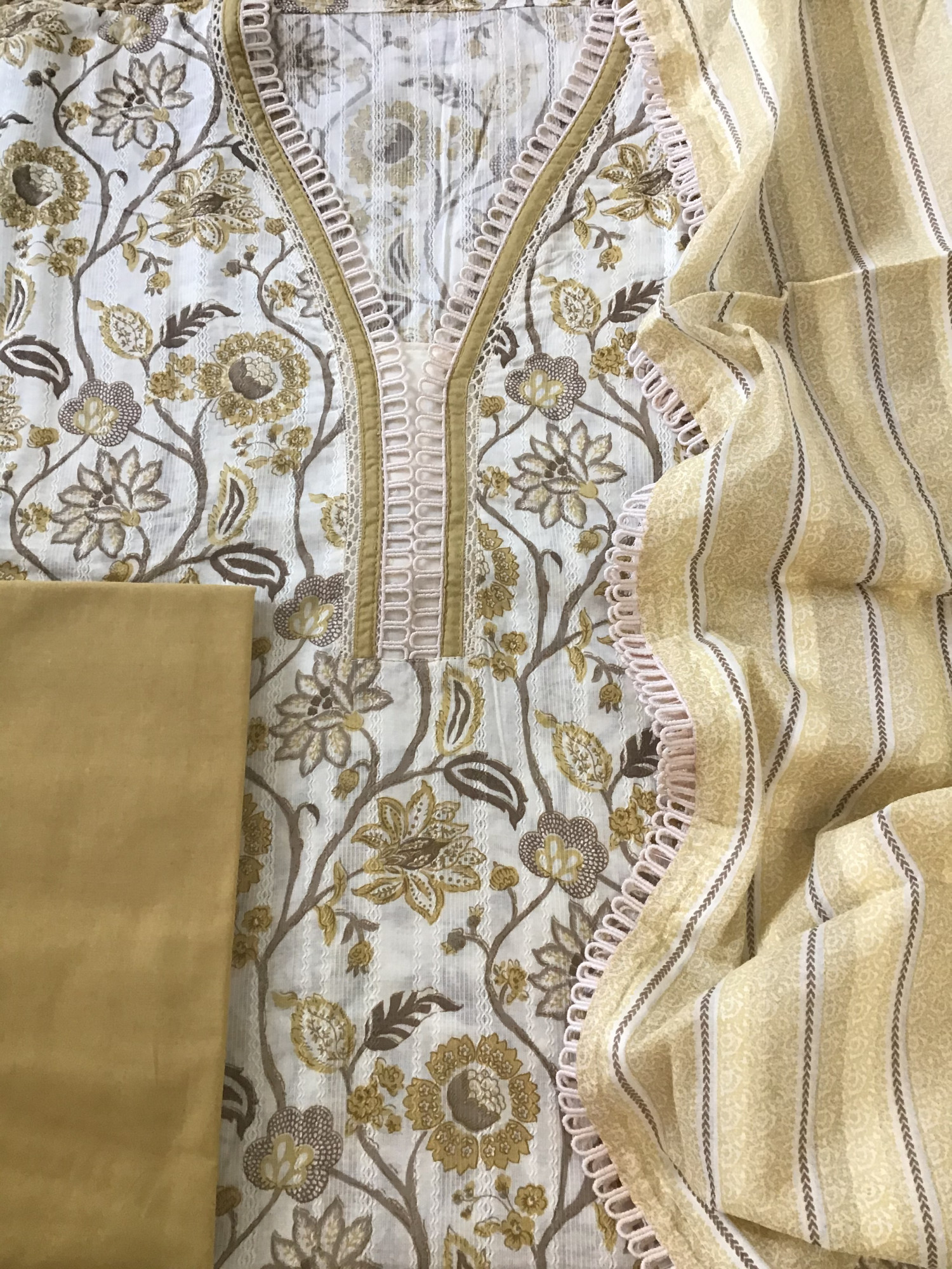 Pure Cotton Printed Embroidered Suit - WhiteYellow