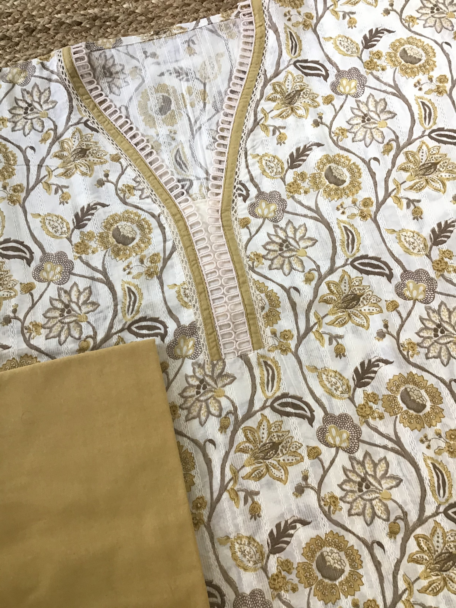 Pure Cotton Printed Embroidered Suit - WhiteYellow