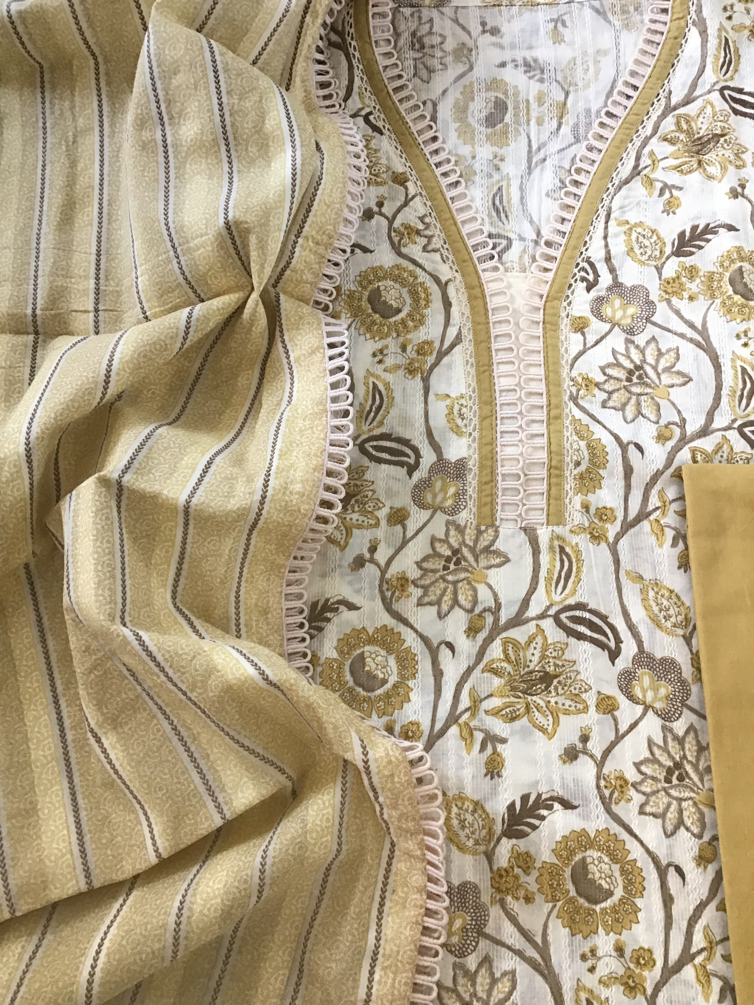 Pure Cotton Printed Embroidered Suit - WhiteYellow