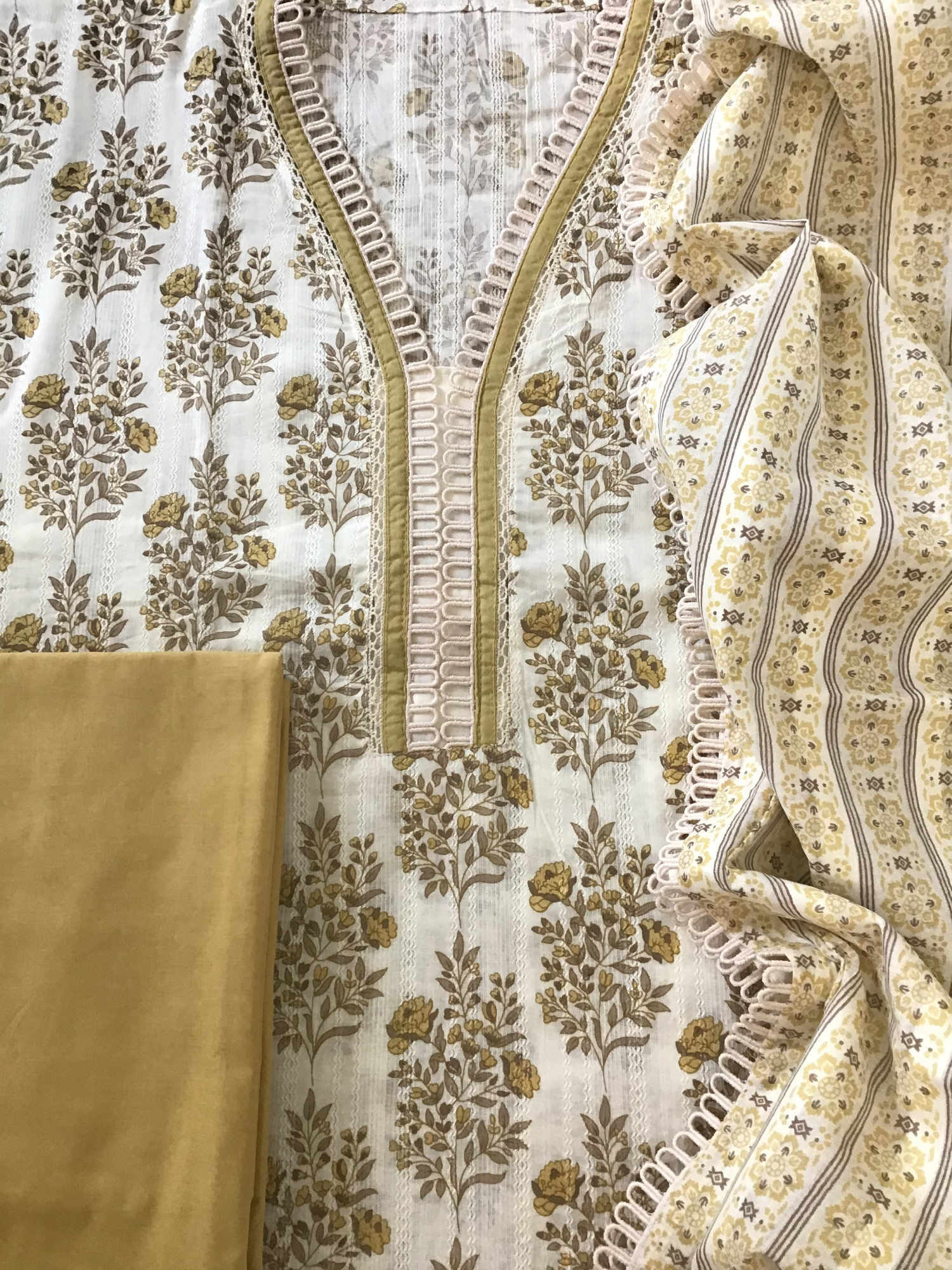 Pure Cotton Printed Embroidered Suit - WhiteYellow