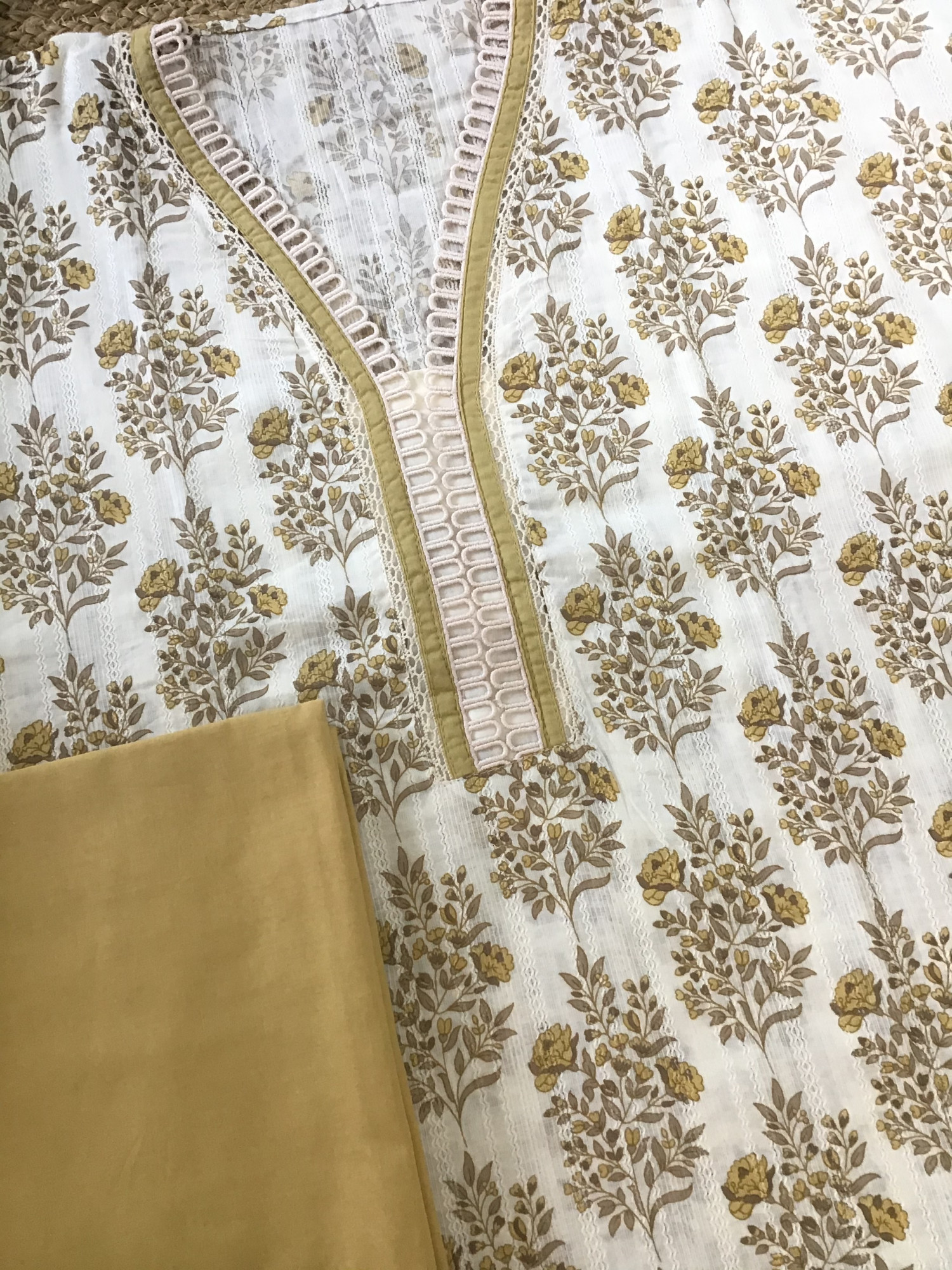 Pure Cotton Printed Embroidered Suit - WhiteYellow