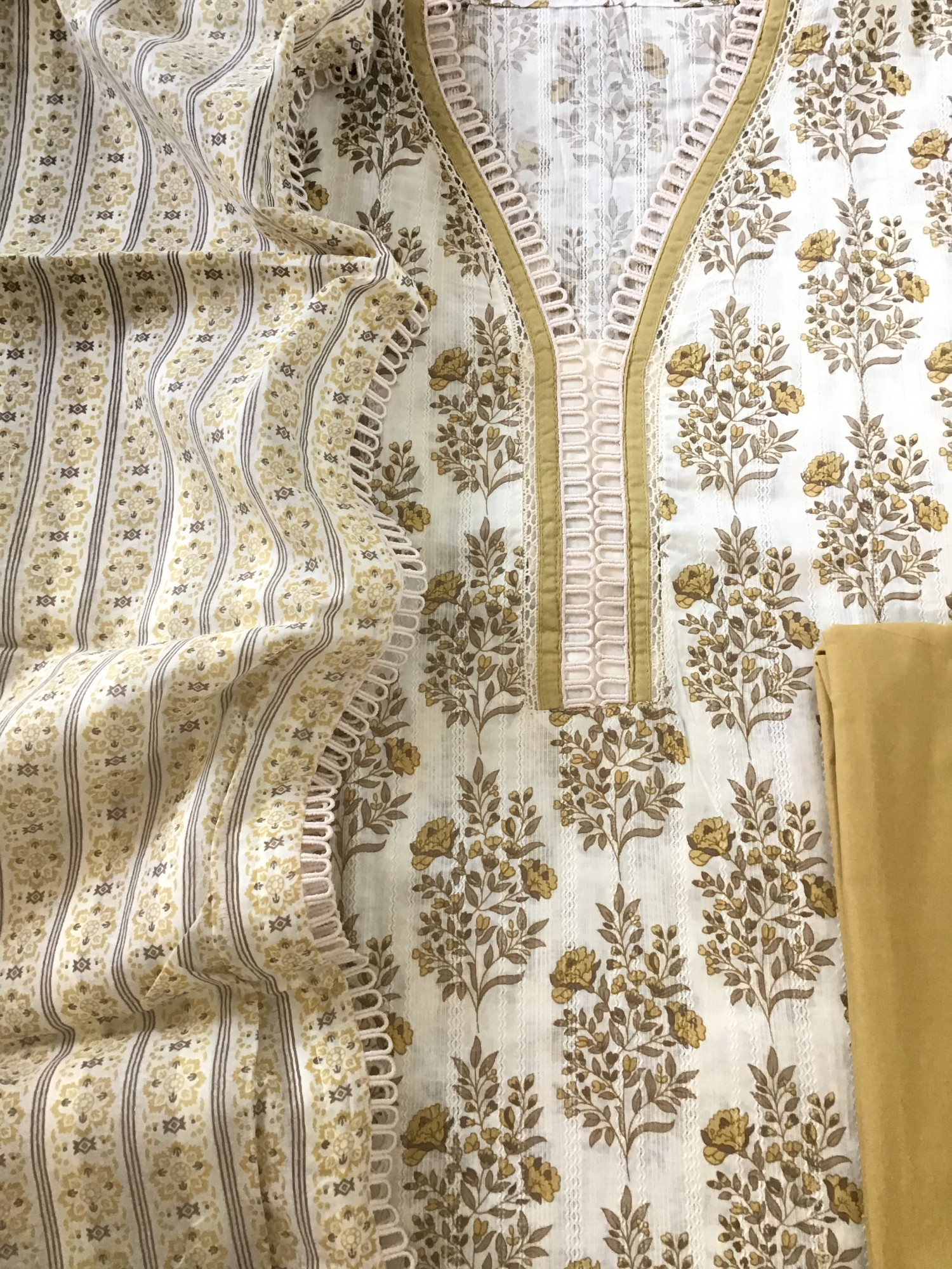 Pure Cotton Printed Embroidered Suit - WhiteYellow