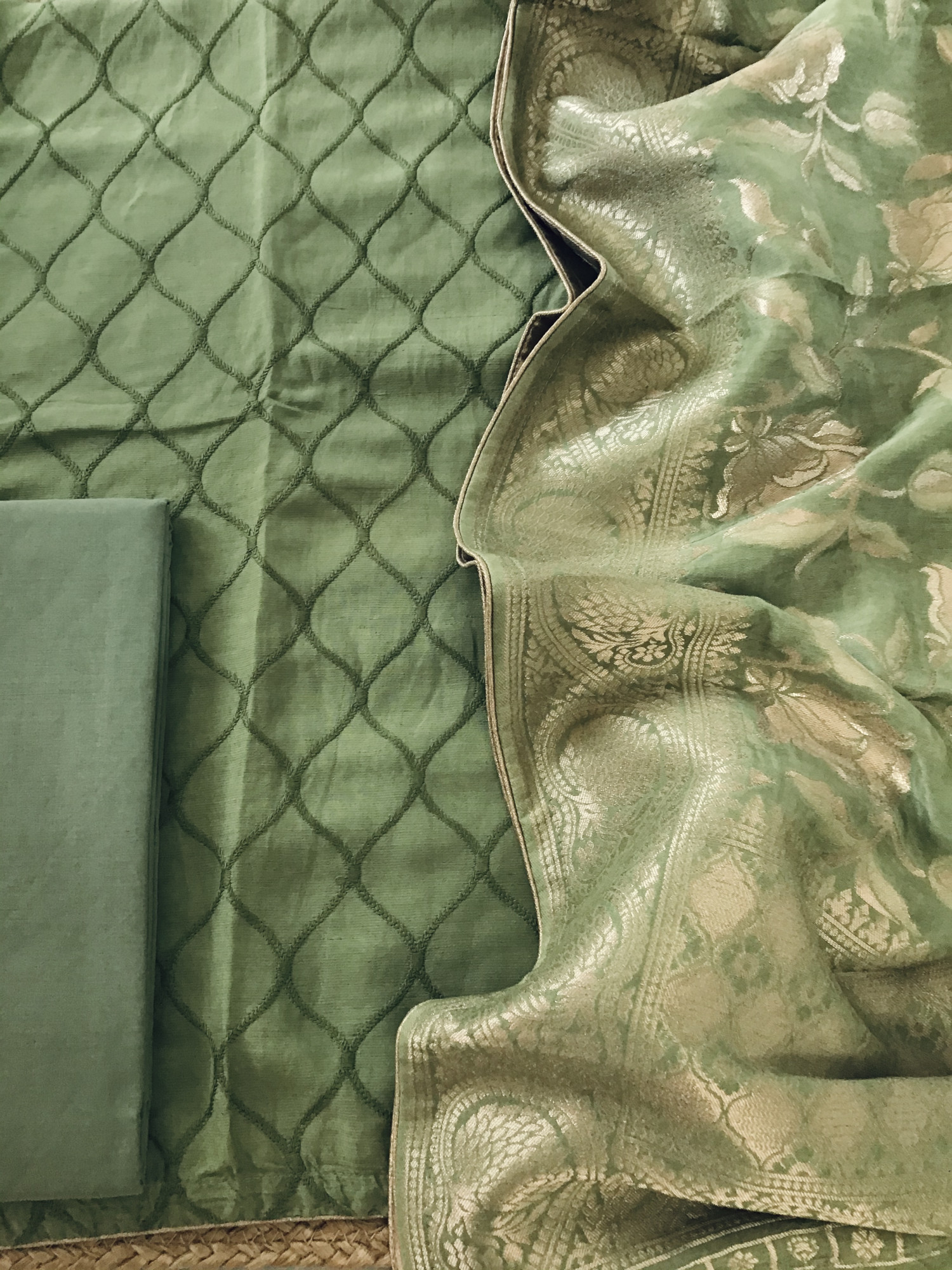 Pure Linen Chanderi Embroidered Suit - Green