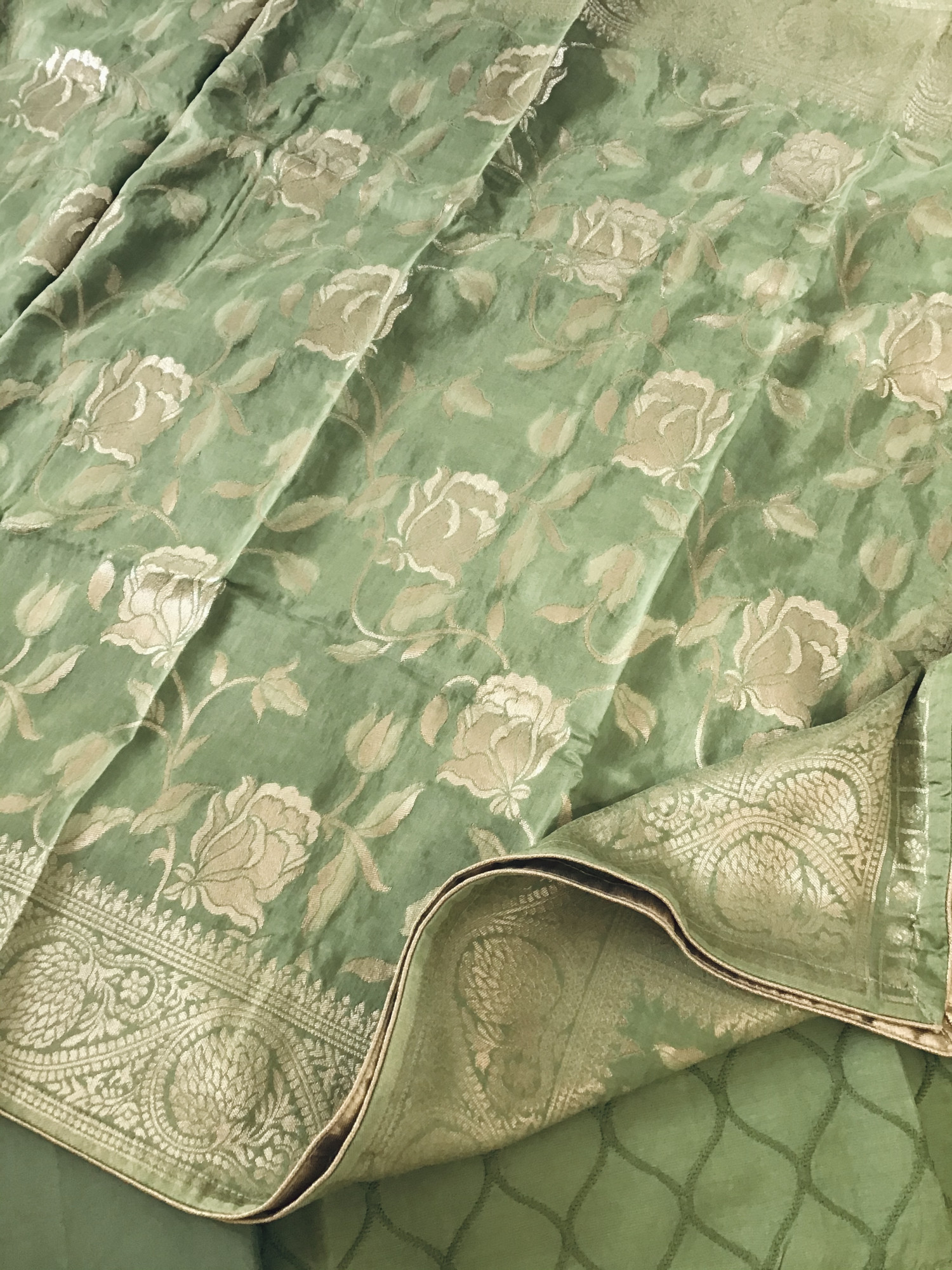 Pure Linen Chanderi Embroidered Suit - Green