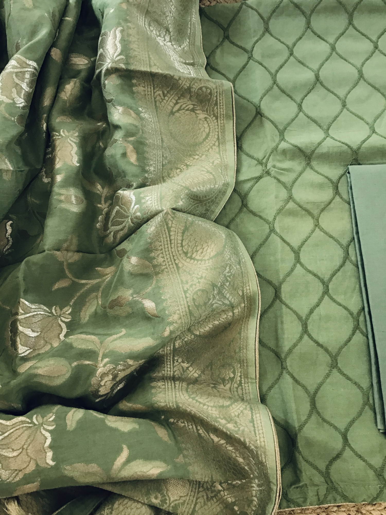 Pure Linen Chanderi Embroidered Suit - Green