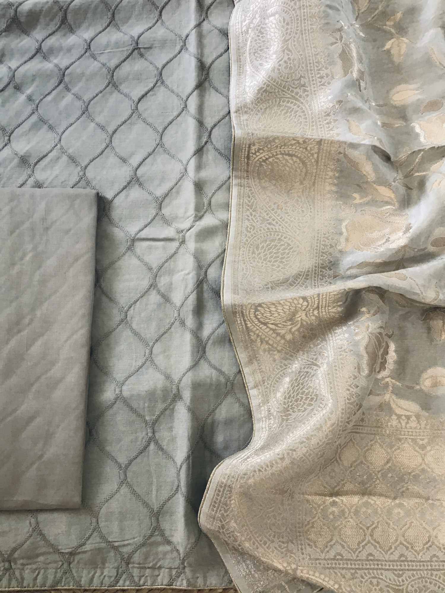 Pure Linen Chanderi Embroidered Suit - Beige