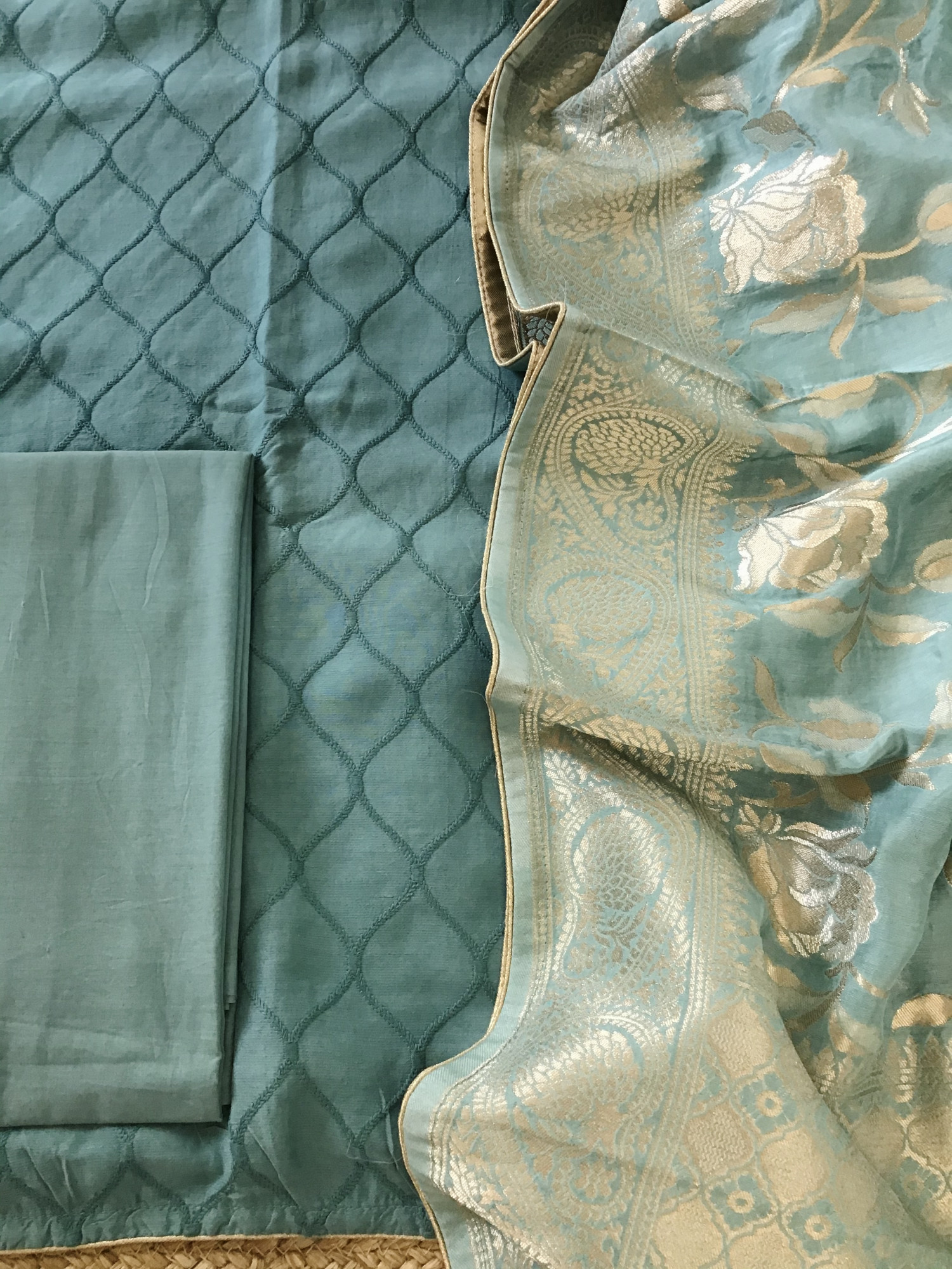 Pure Linen Chanderi Embroidered Suit - Blue