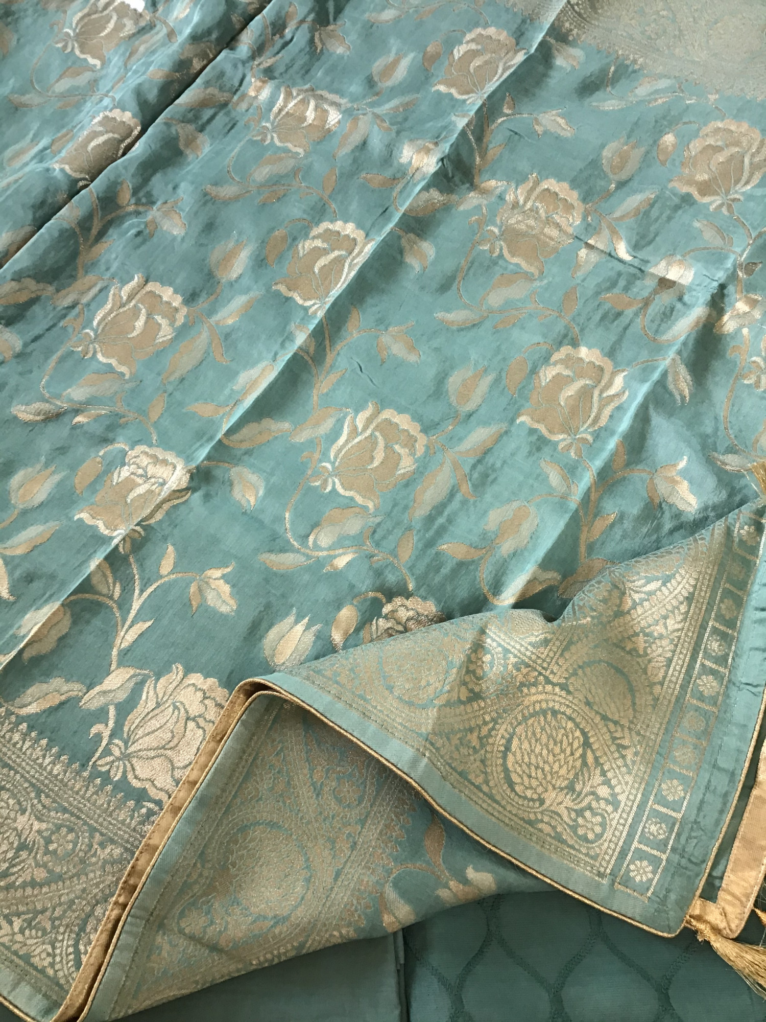Pure Linen Chanderi Embroidered Suit - Blue
