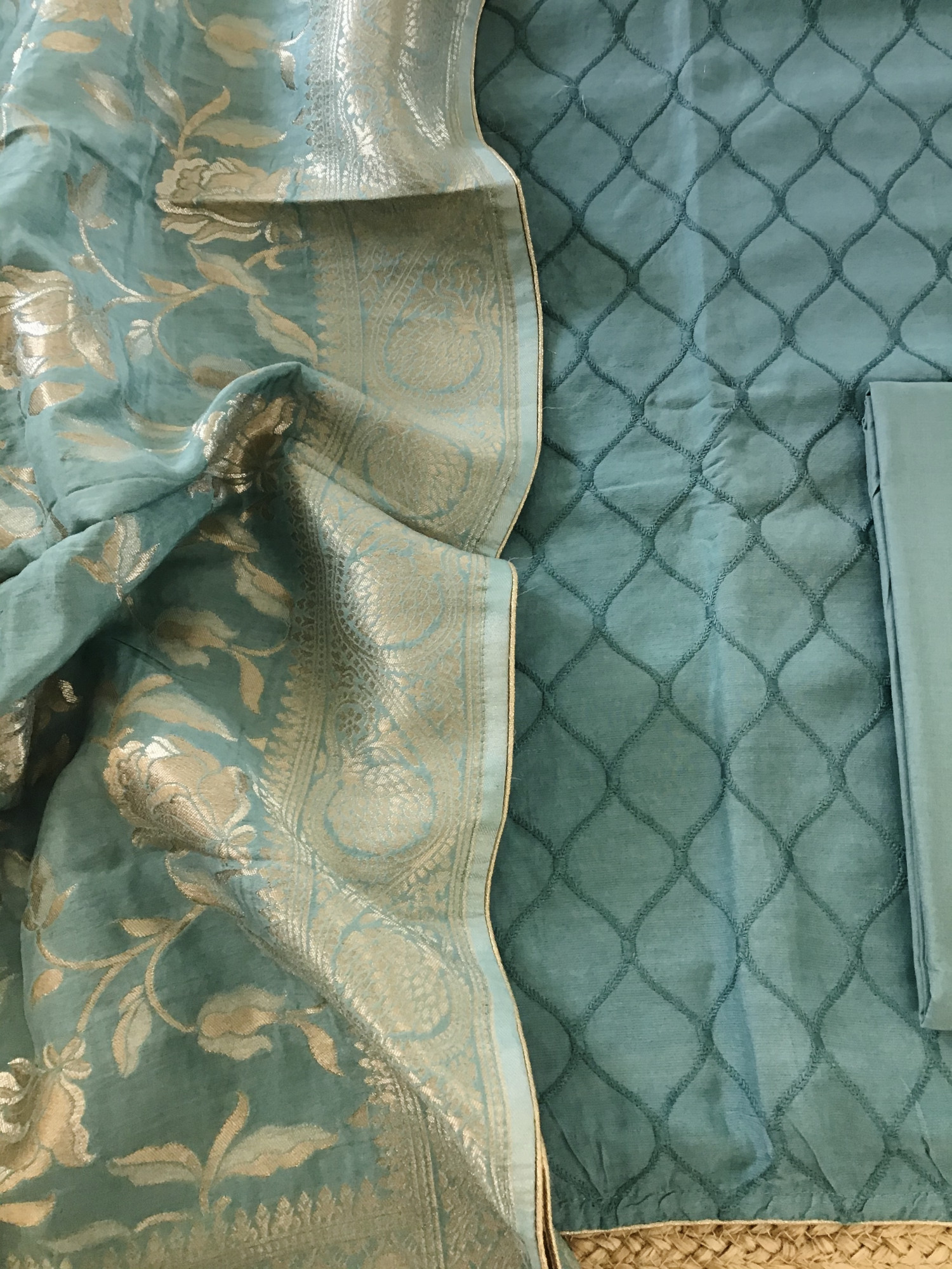 Pure Linen Chanderi Embroidered Suit - Blue