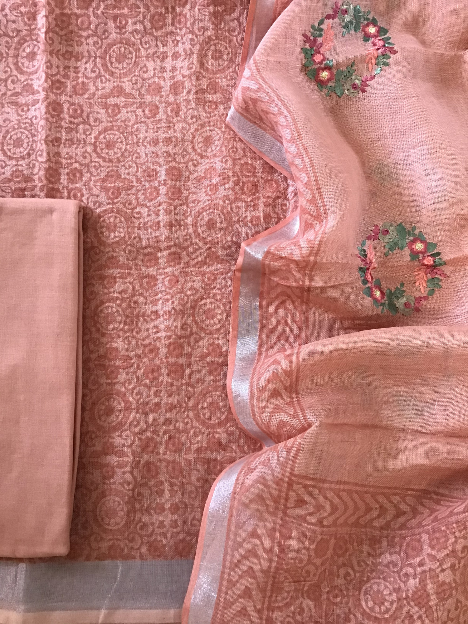 Pure Linen Jute Cotton Printed Embroidered Suit - Peach