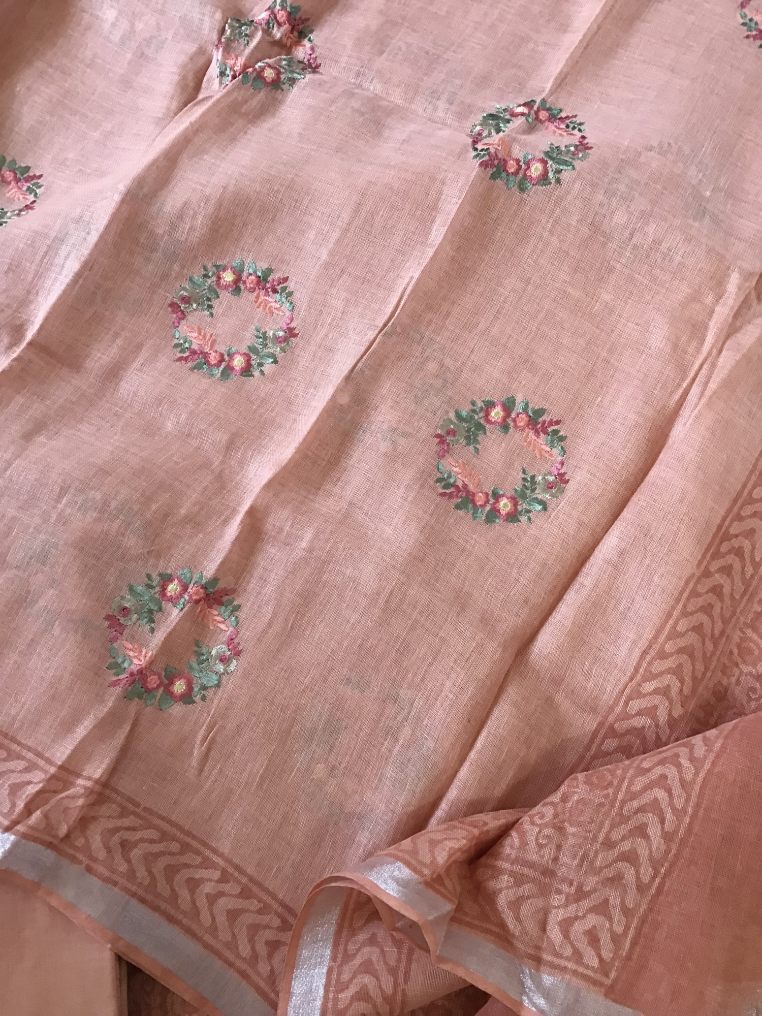 Pure Linen Jute Cotton Printed Embroidered Suit - Peach