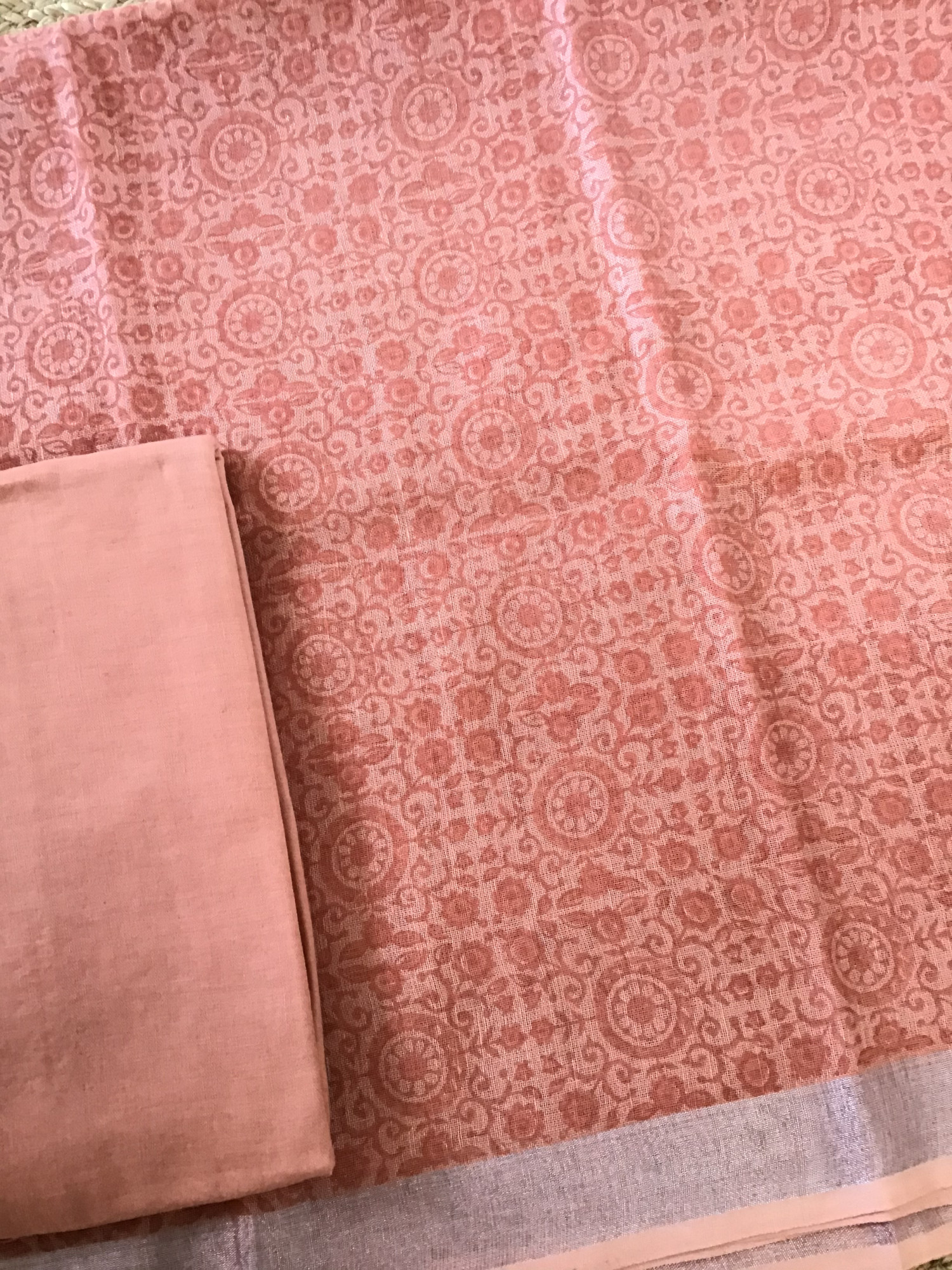 Pure Linen Jute Cotton Printed Embroidered Suit - Peach