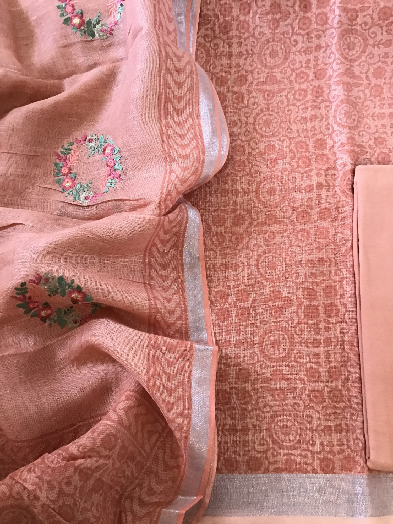 Pure Linen Jute Cotton Printed Embroidered Suit - Peach