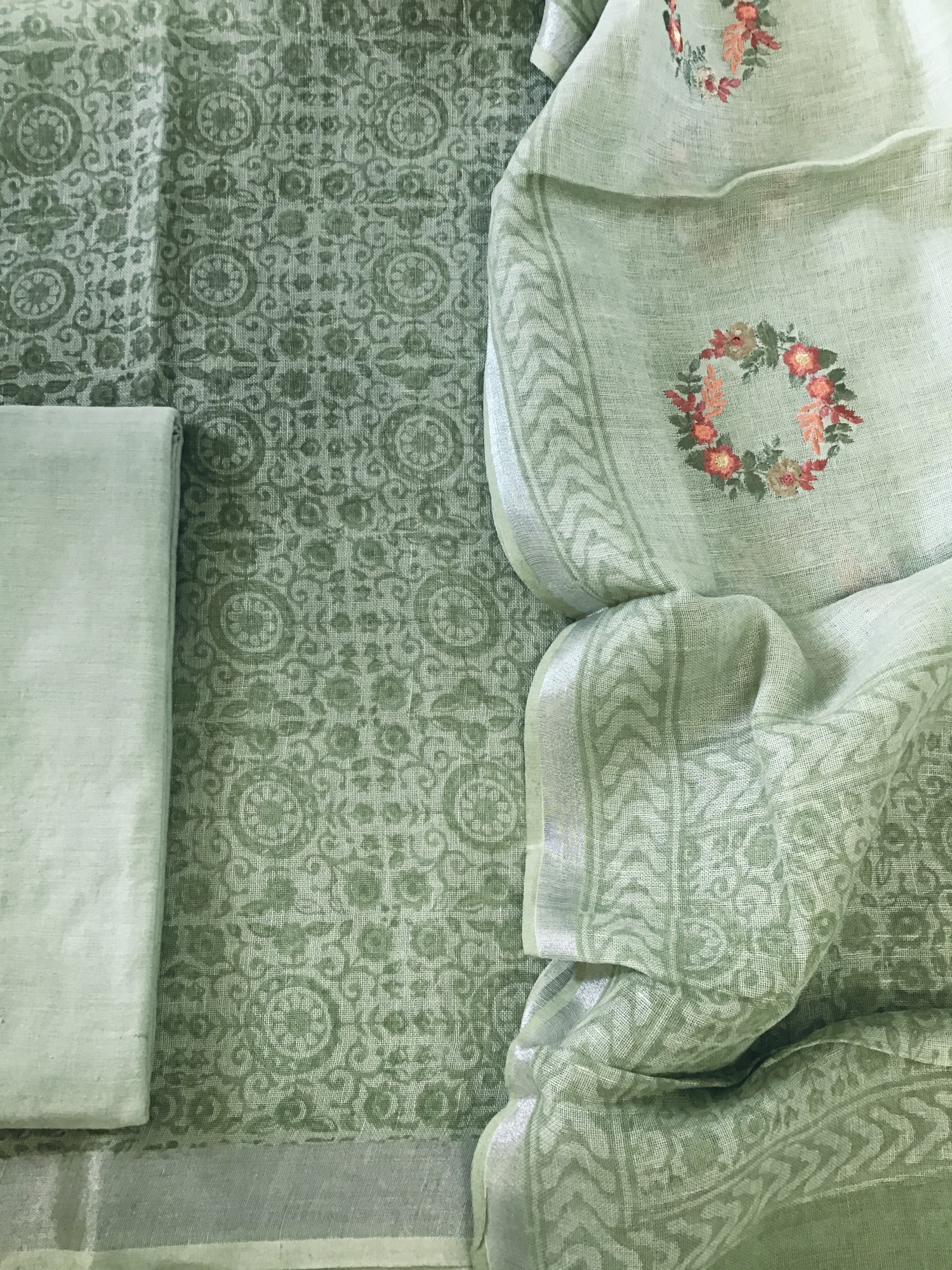 Pure Linen Jute Cotton Printed Embroidered Suit - Green