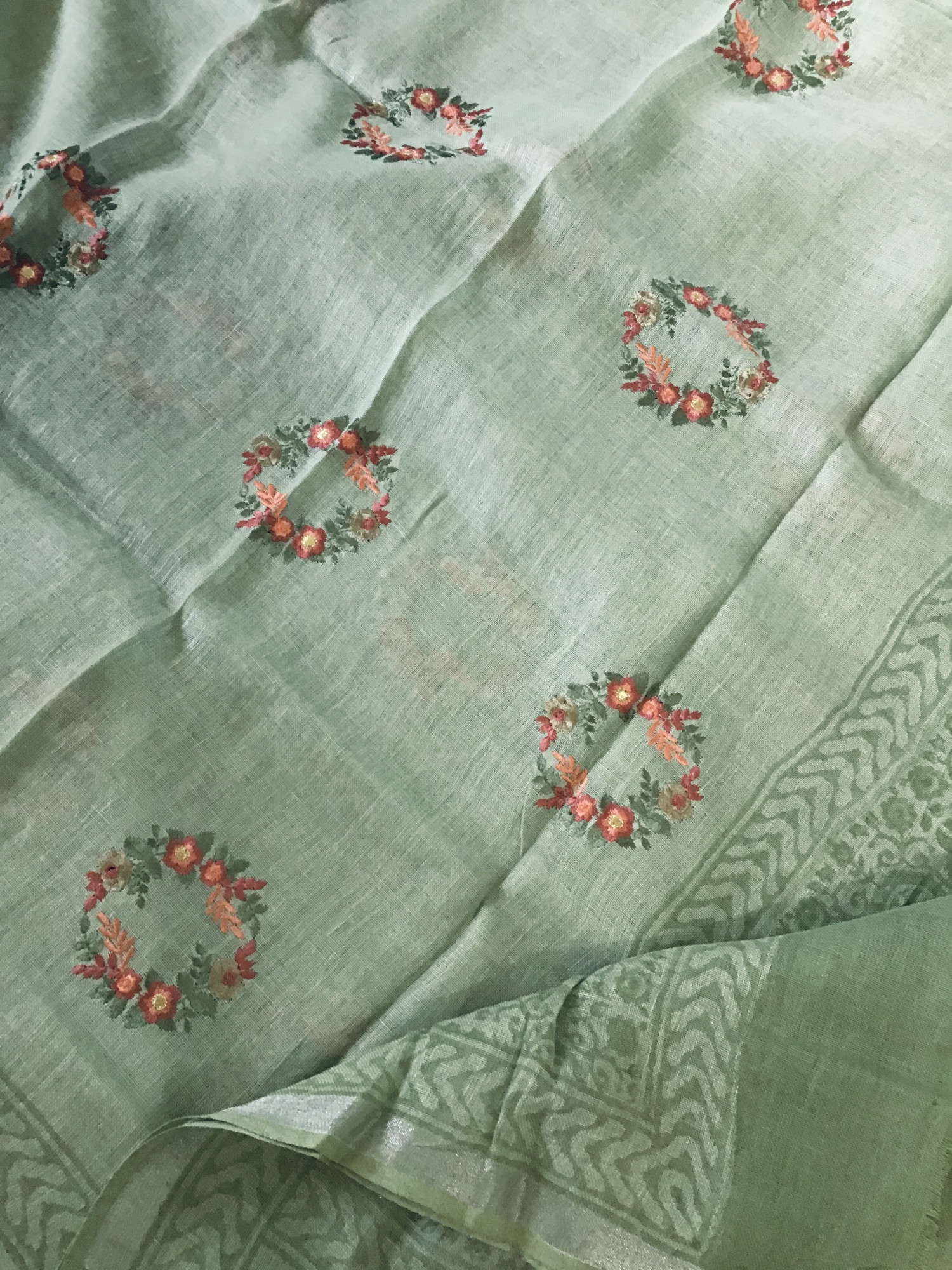 Pure Linen Jute Cotton Printed Embroidered Suit - Green