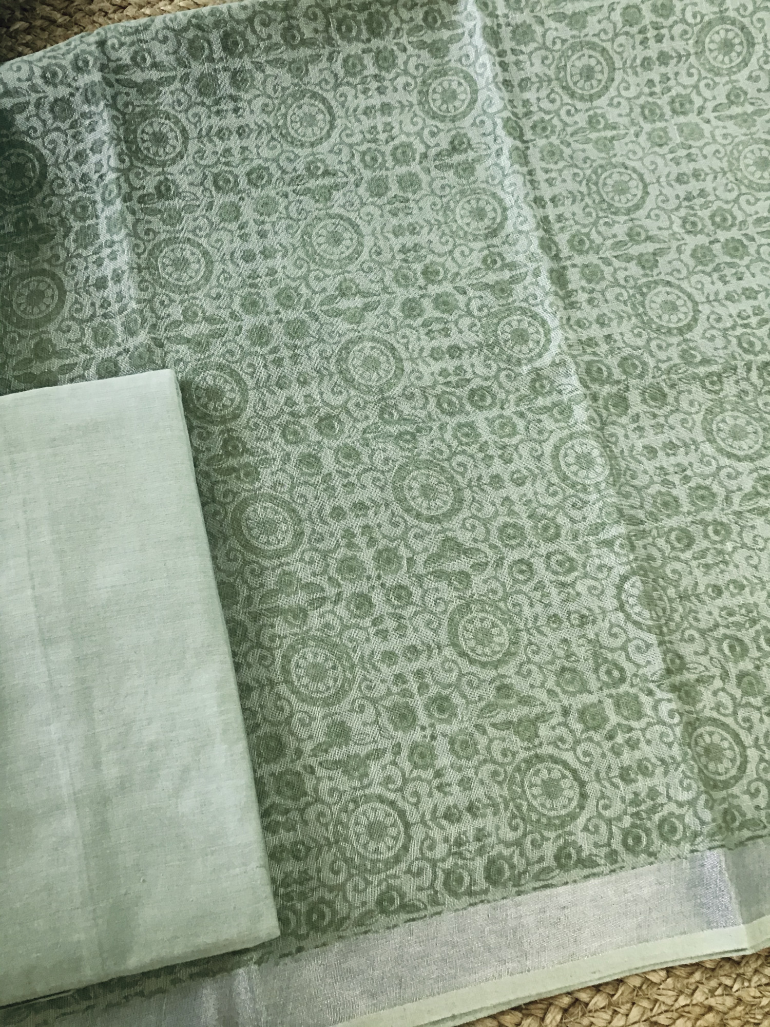 Pure Linen Jute Cotton Printed Embroidered Suit - Green
