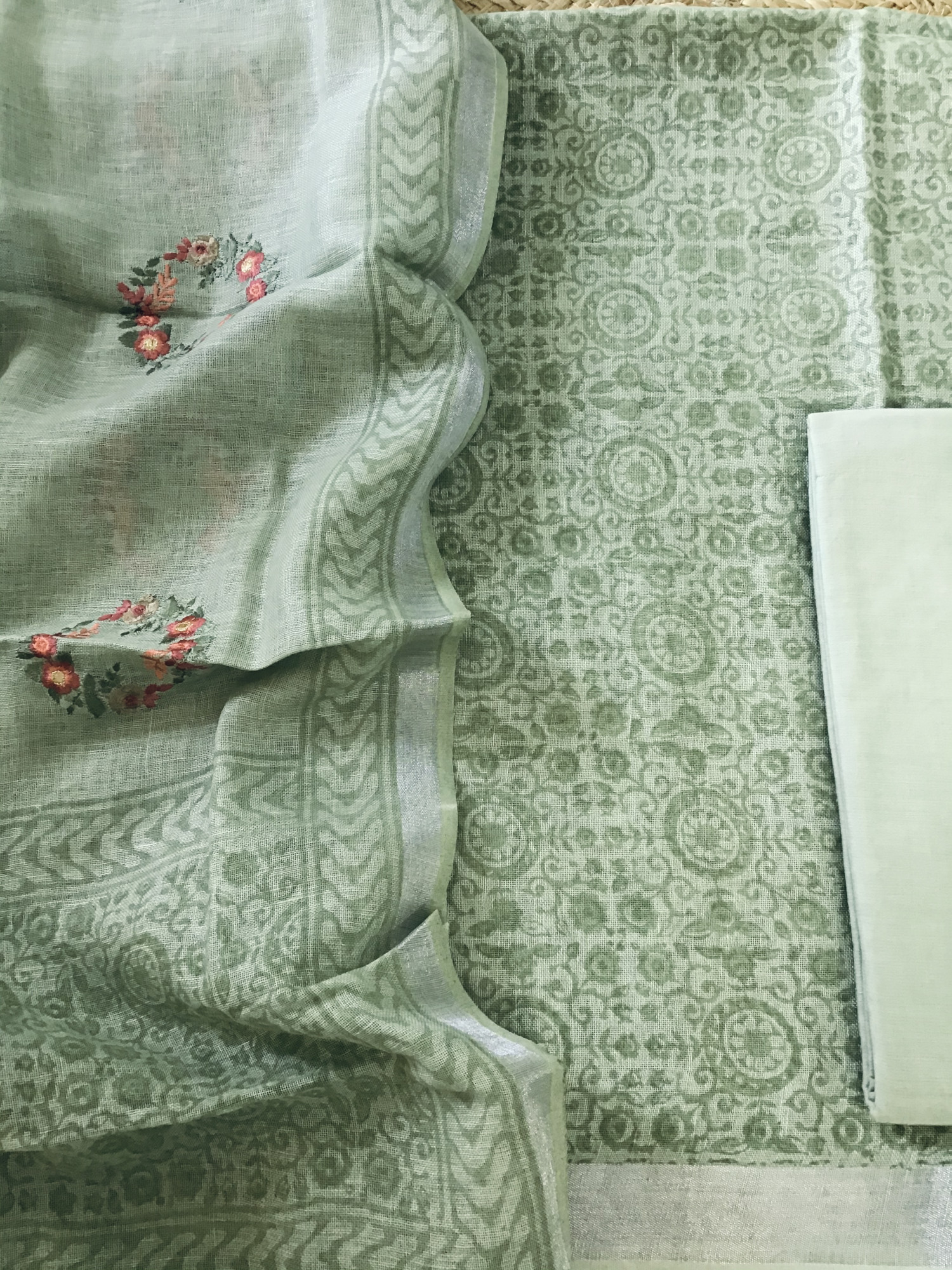 Pure Linen Jute Cotton Printed Embroidered Suit - Green