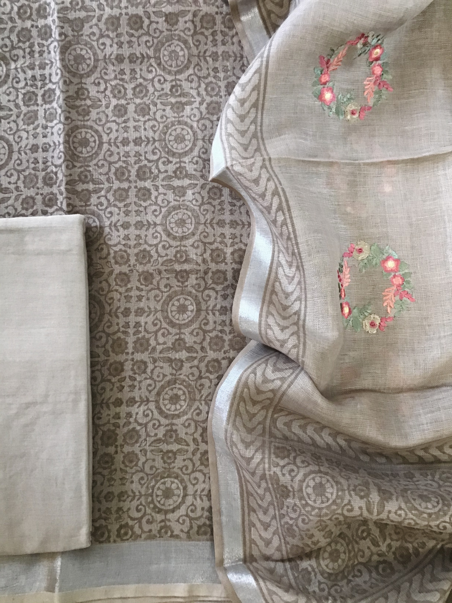 Pure Linen Jute Cotton Printed Embroidered Suit - Brown