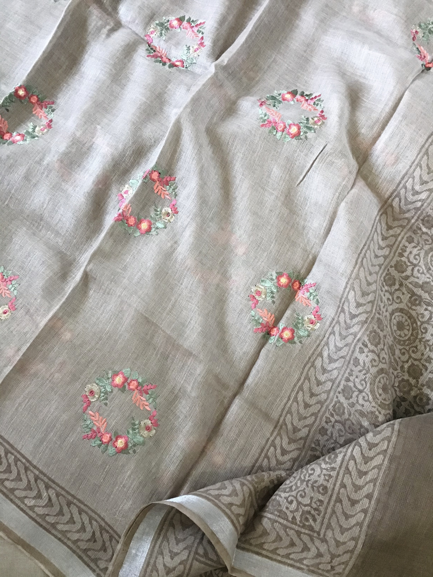 Pure Linen Jute Cotton Printed Embroidered Suit - Brown