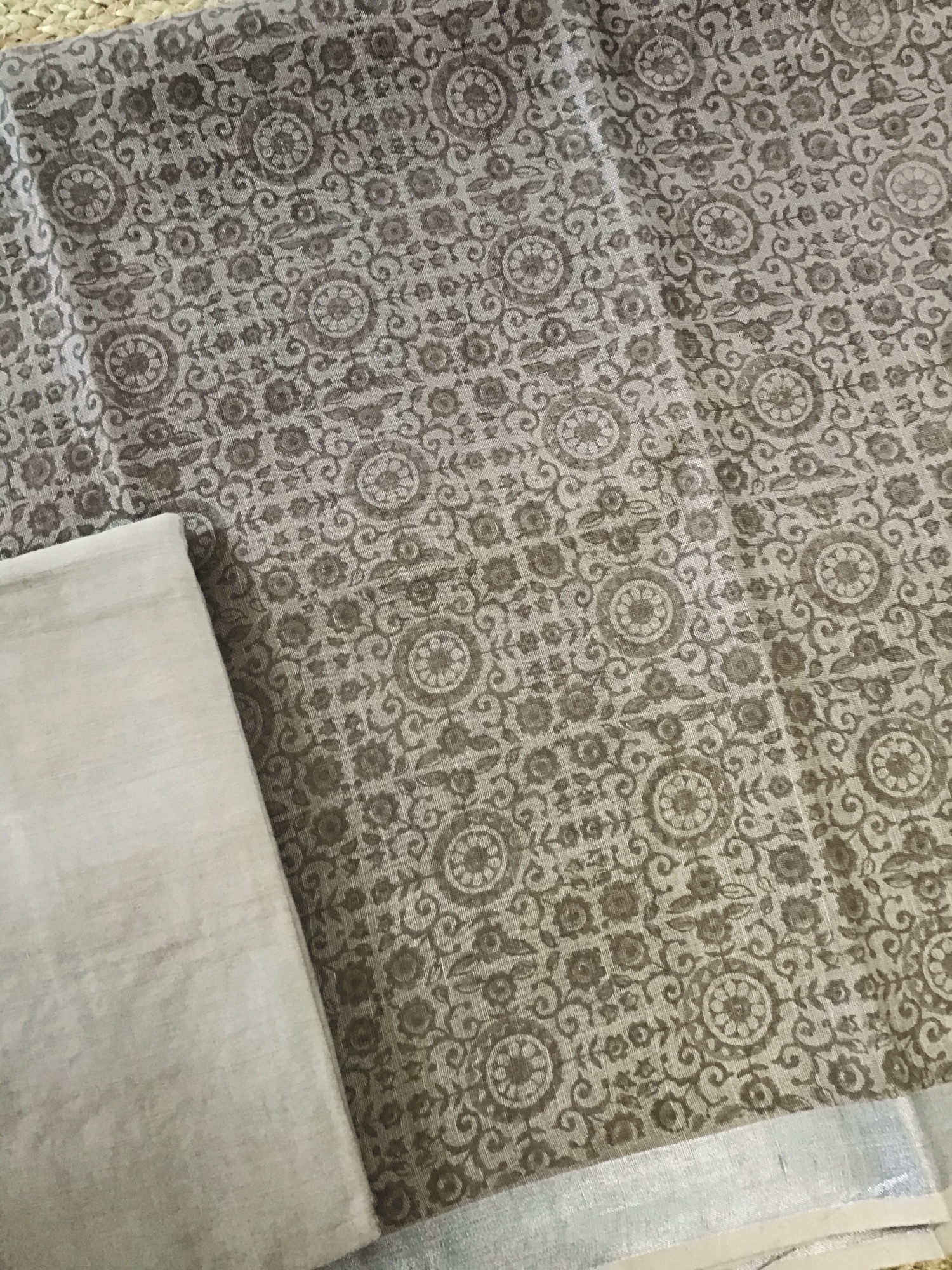 Pure Linen Jute Cotton Printed Embroidered Suit - Brown