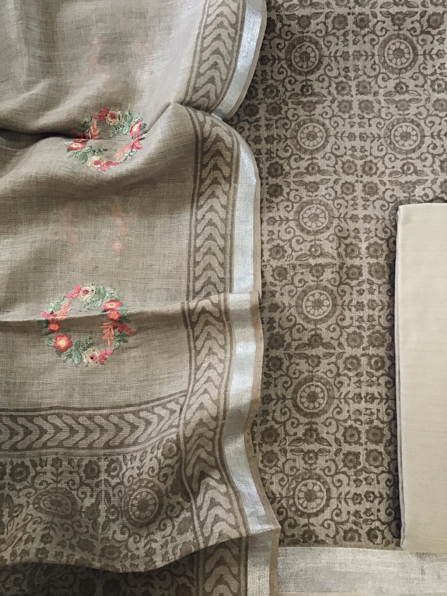 Pure Linen Jute Cotton Printed Embroidered Suit - Brown