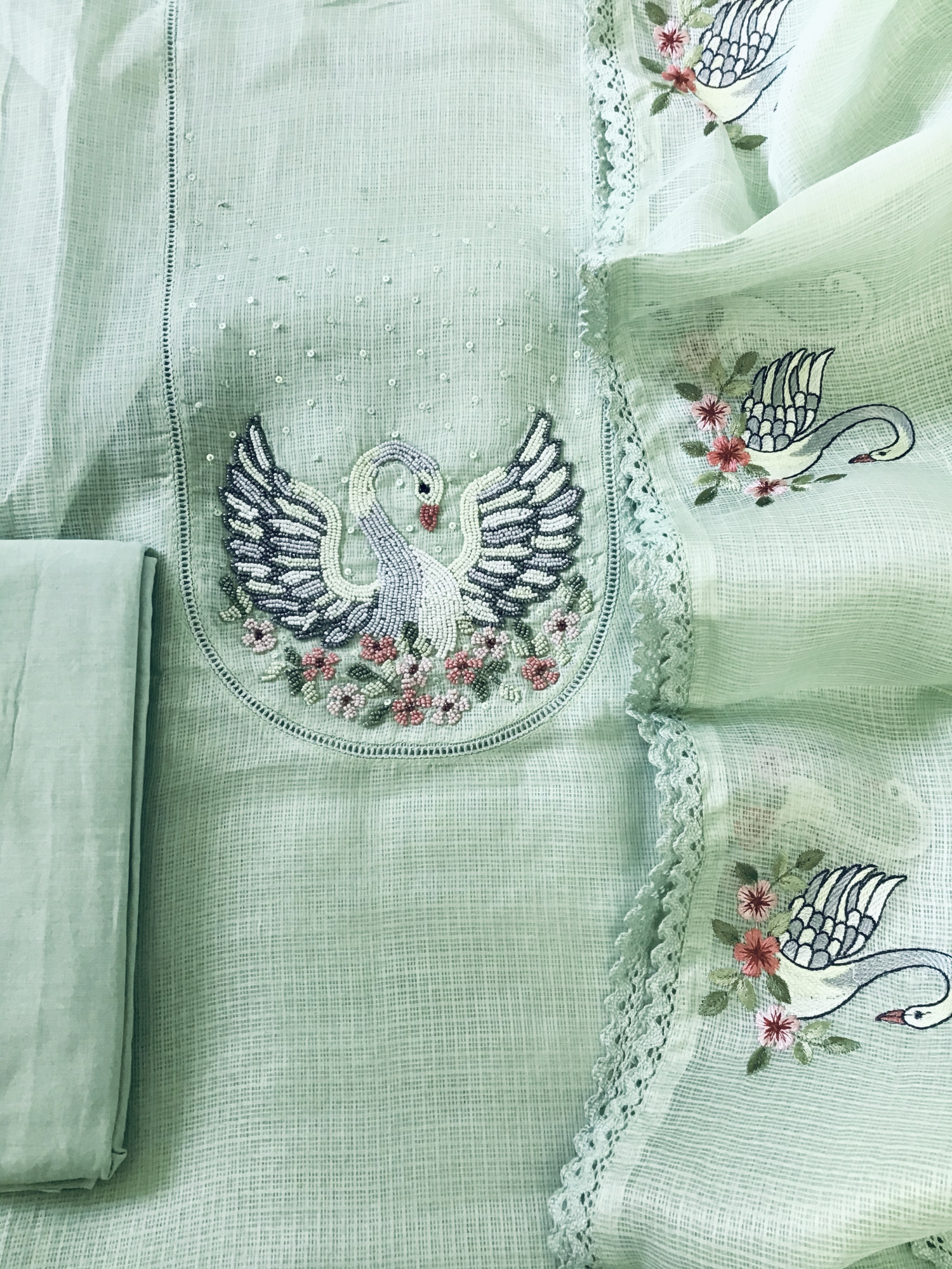 Soft Kota Silk Embroidered Suit - Green