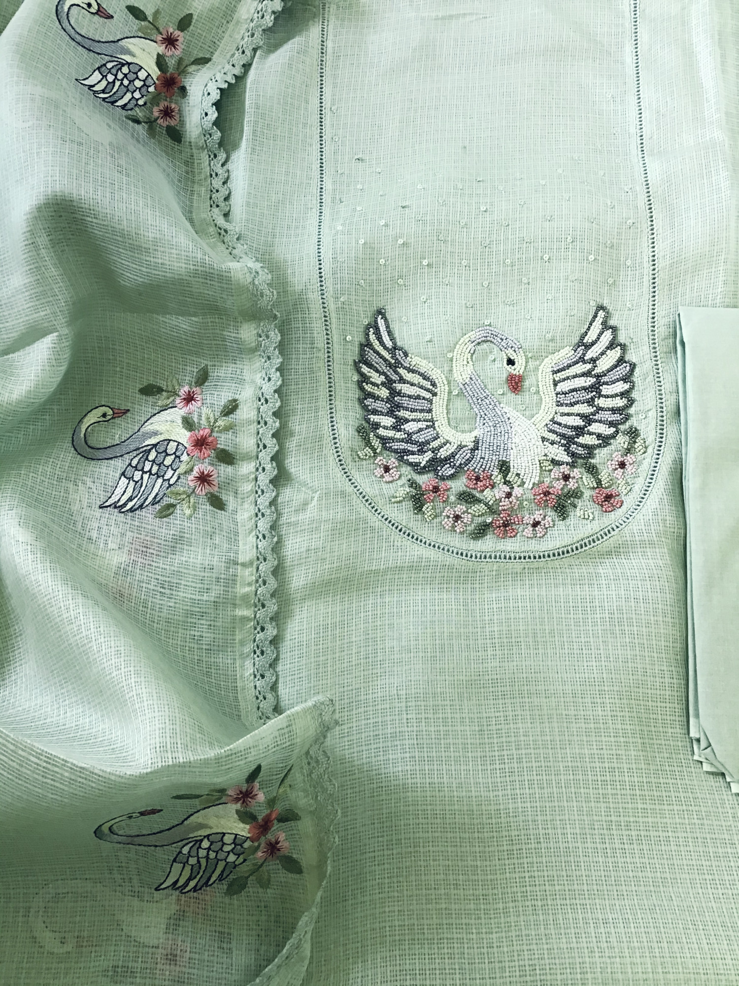 Soft Kota Silk Embroidered Suit - Green