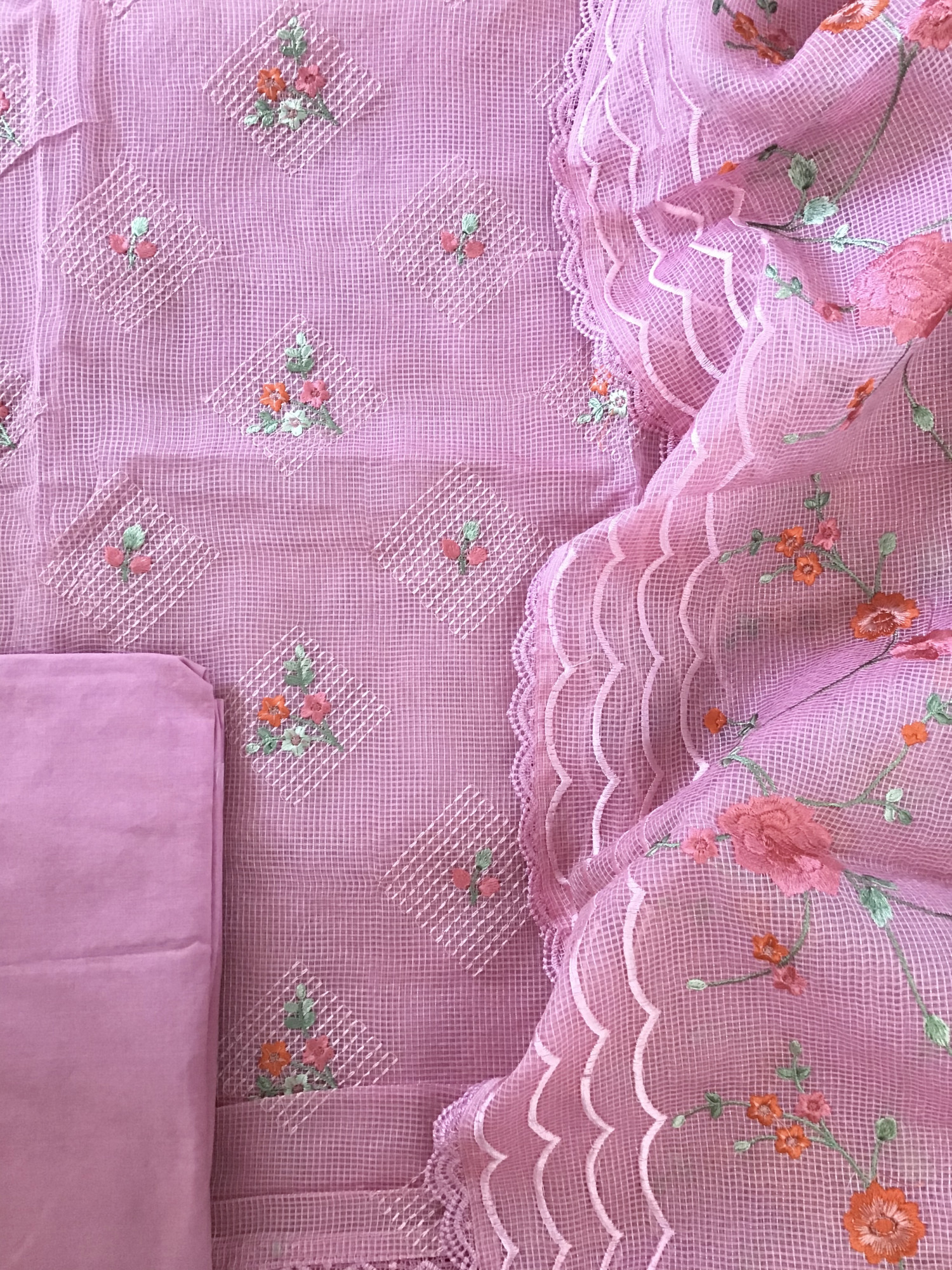 Soft Kota Silk Embroidered Suit - Pink