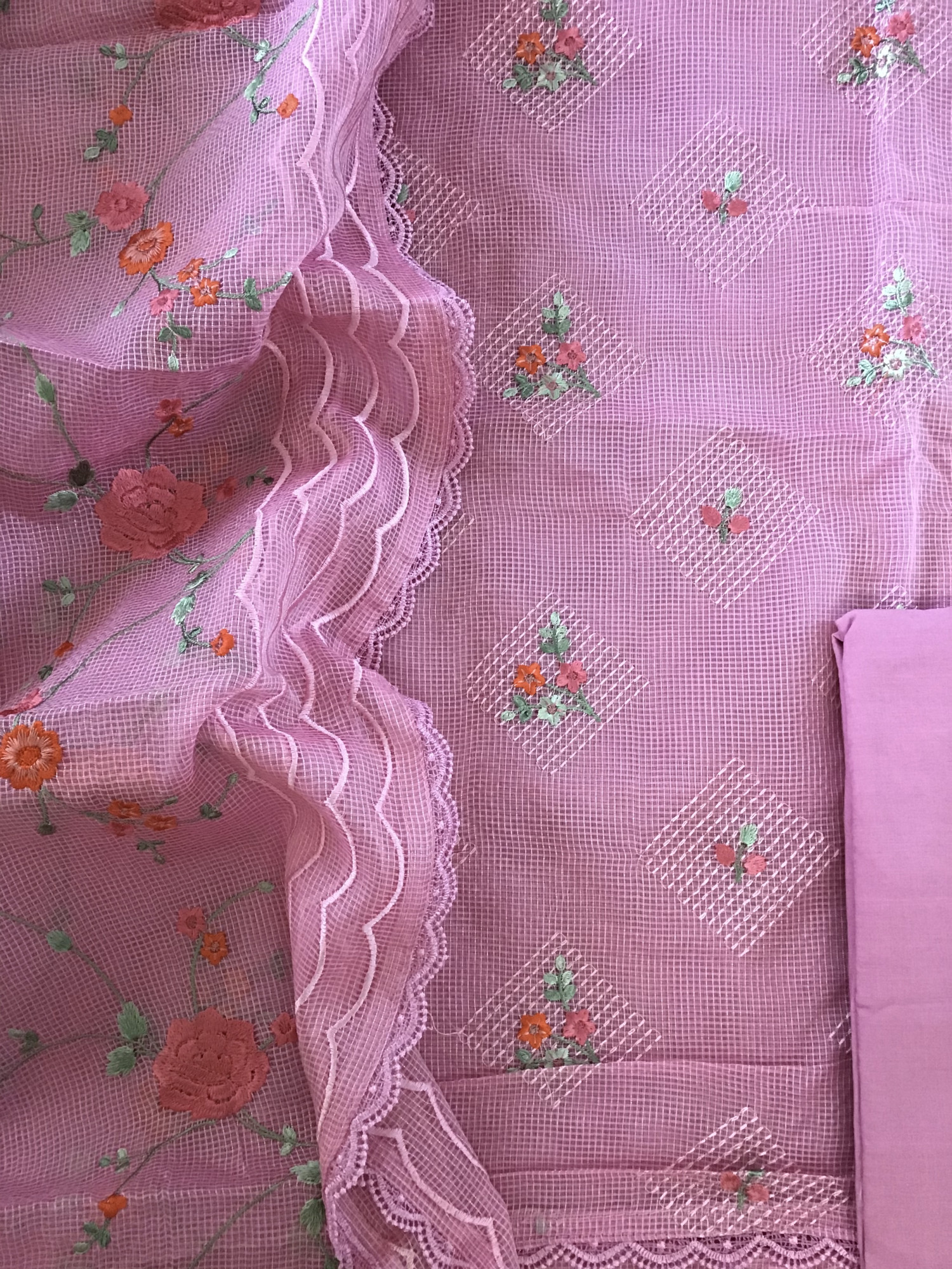 Soft Kota Silk Embroidered Suit - Pink