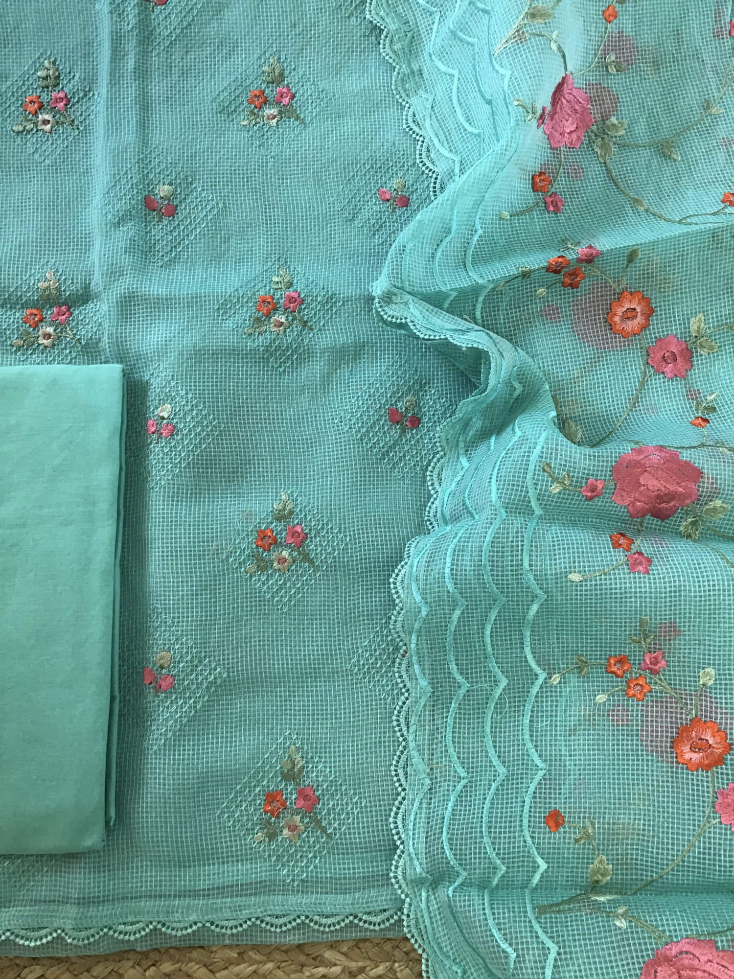 Soft Kota Silk Embroidered Suit - Blue