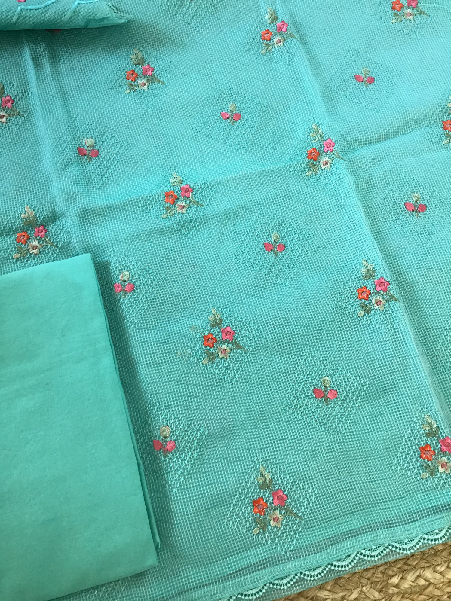 Soft Kota Silk Embroidered Suit - Blue