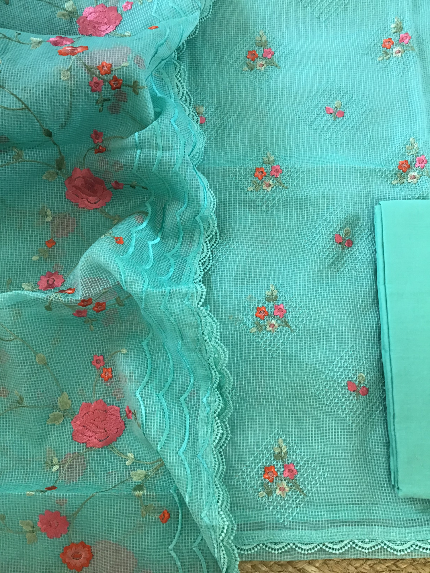 Soft Kota Silk Embroidered Suit - Blue