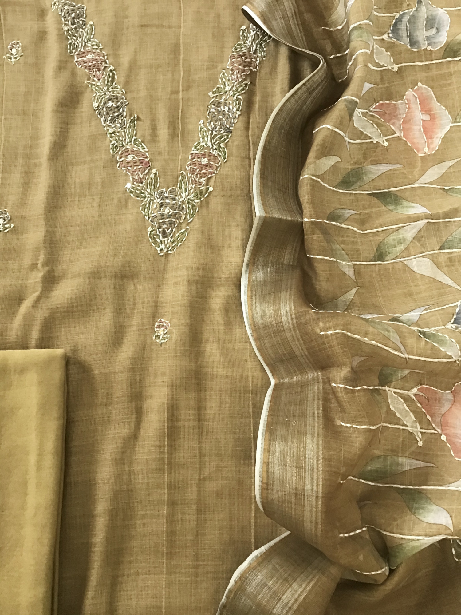 Soft Semi Linen Jute Cotton Embroidered Suit - Yellow