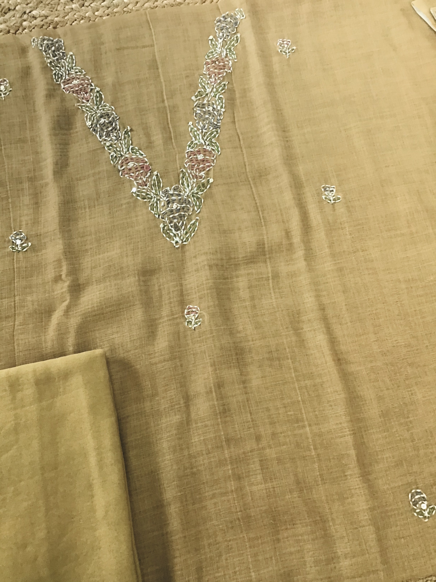 Soft Semi Linen Jute Cotton Embroidered Suit - Yellow