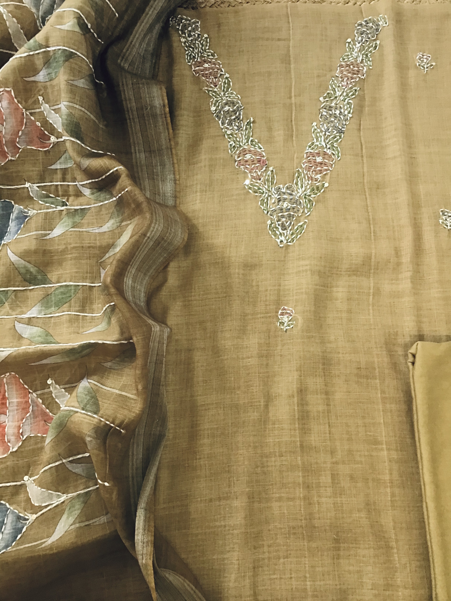 Soft Semi Linen Jute Cotton Embroidered Suit - Yellow