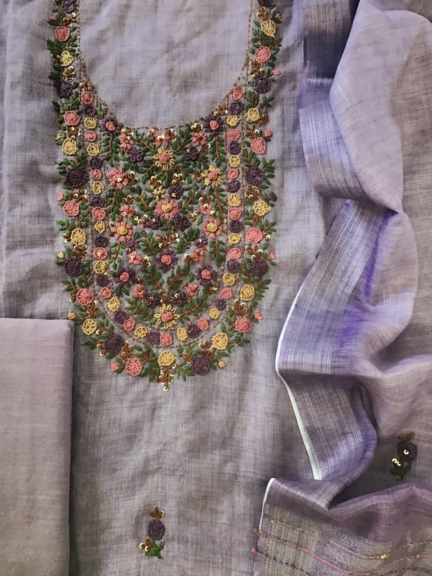 Soft Semi Linen Jute Cotton Embroidered Suit - Purple