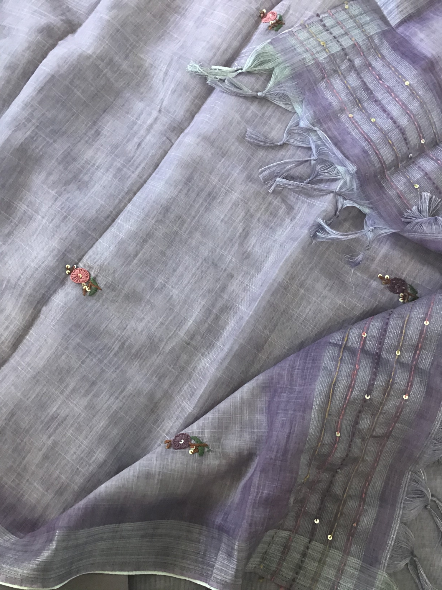 Soft Semi Linen Jute Cotton Embroidered Suit - Purple