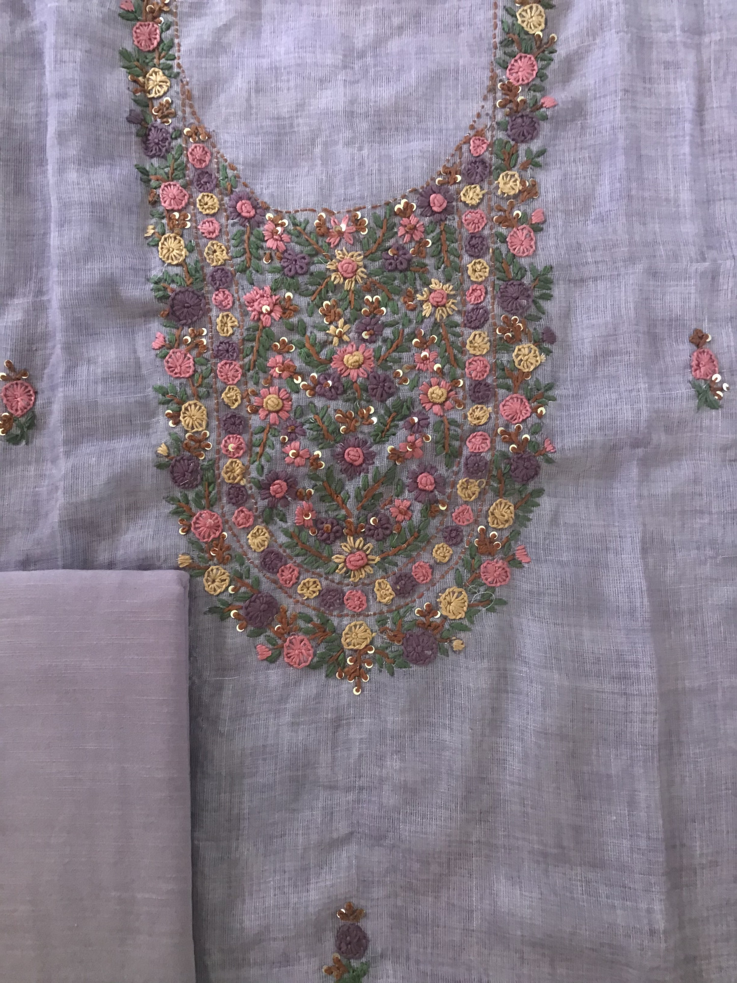 Soft Semi Linen Jute Cotton Embroidered Suit - Purple