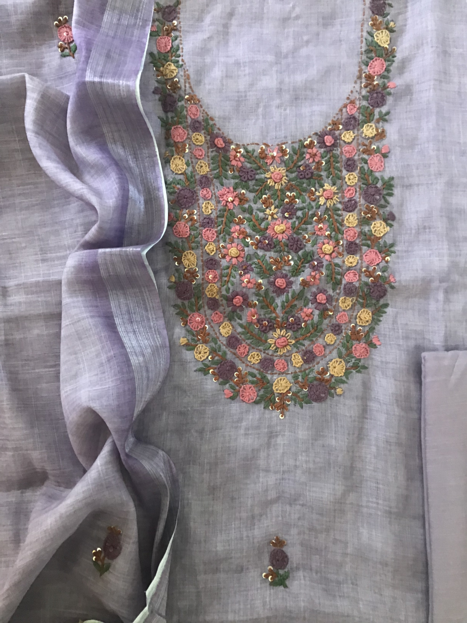 Soft Semi Linen Jute Cotton Embroidered Suit - Purple