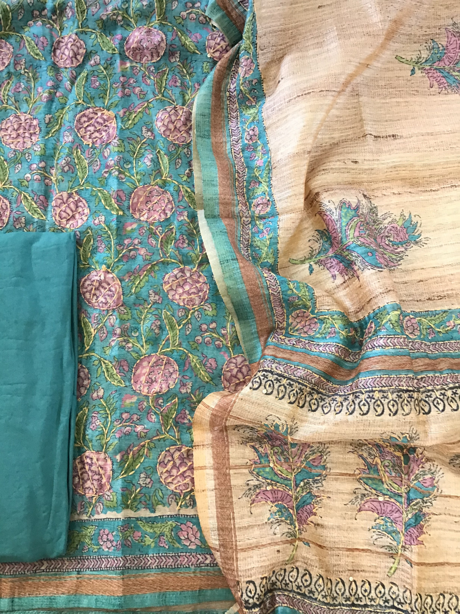 Soft Semi Raw Silk Printed Embroidered Suit - Green