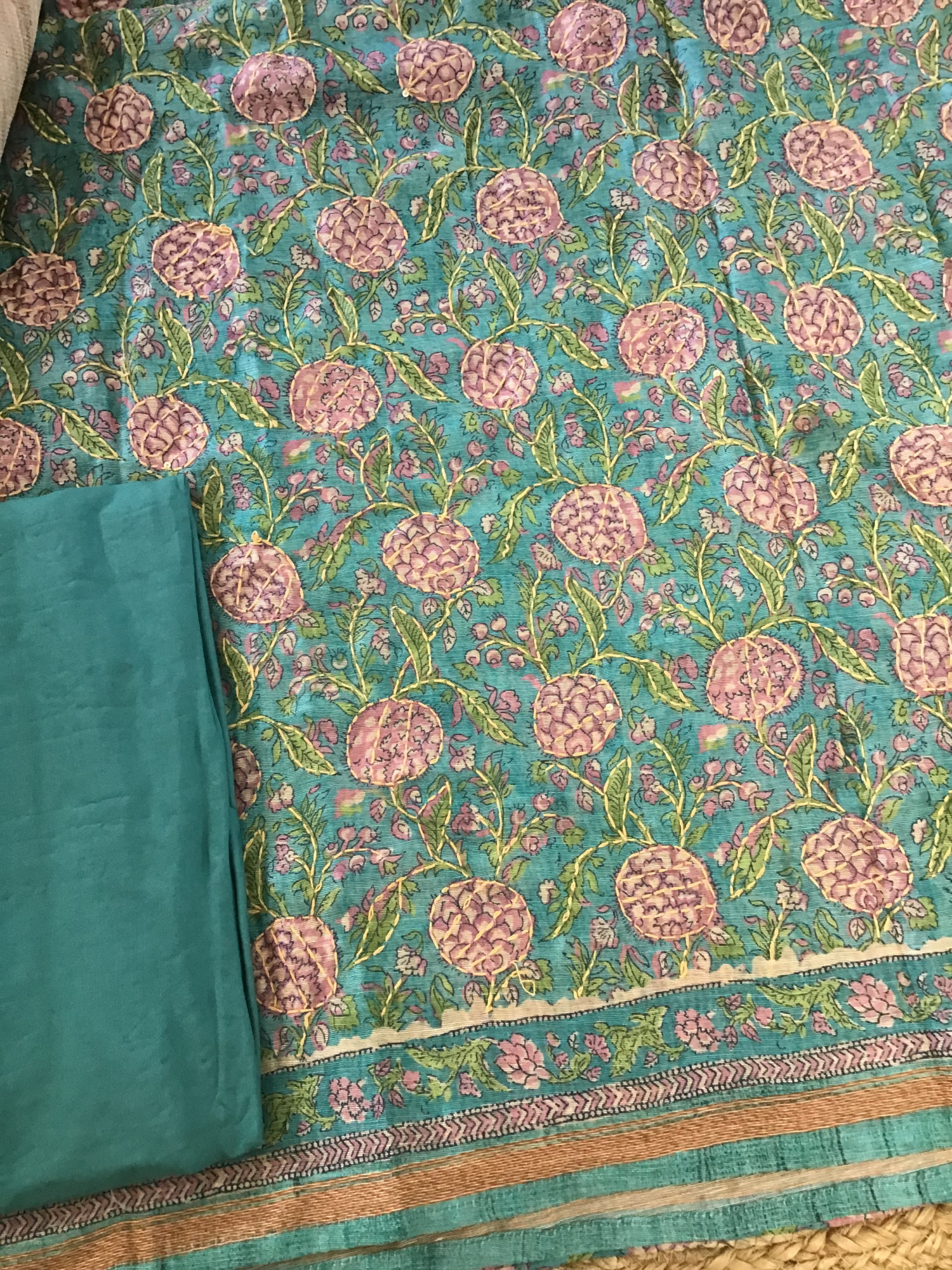 Soft Semi Raw Silk Printed Embroidered Suit - Green