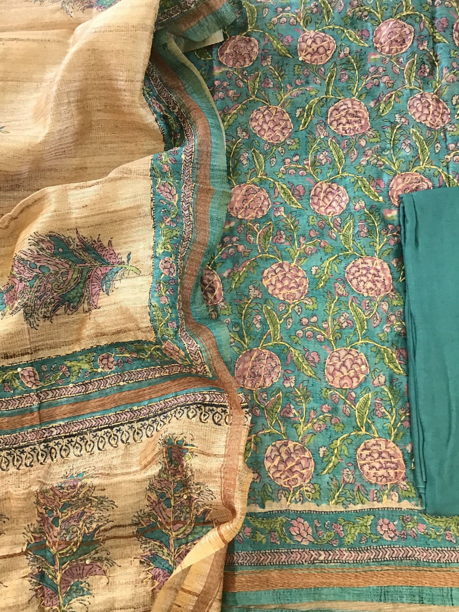 Soft Semi Raw Silk Printed Embroidered Suit - Green