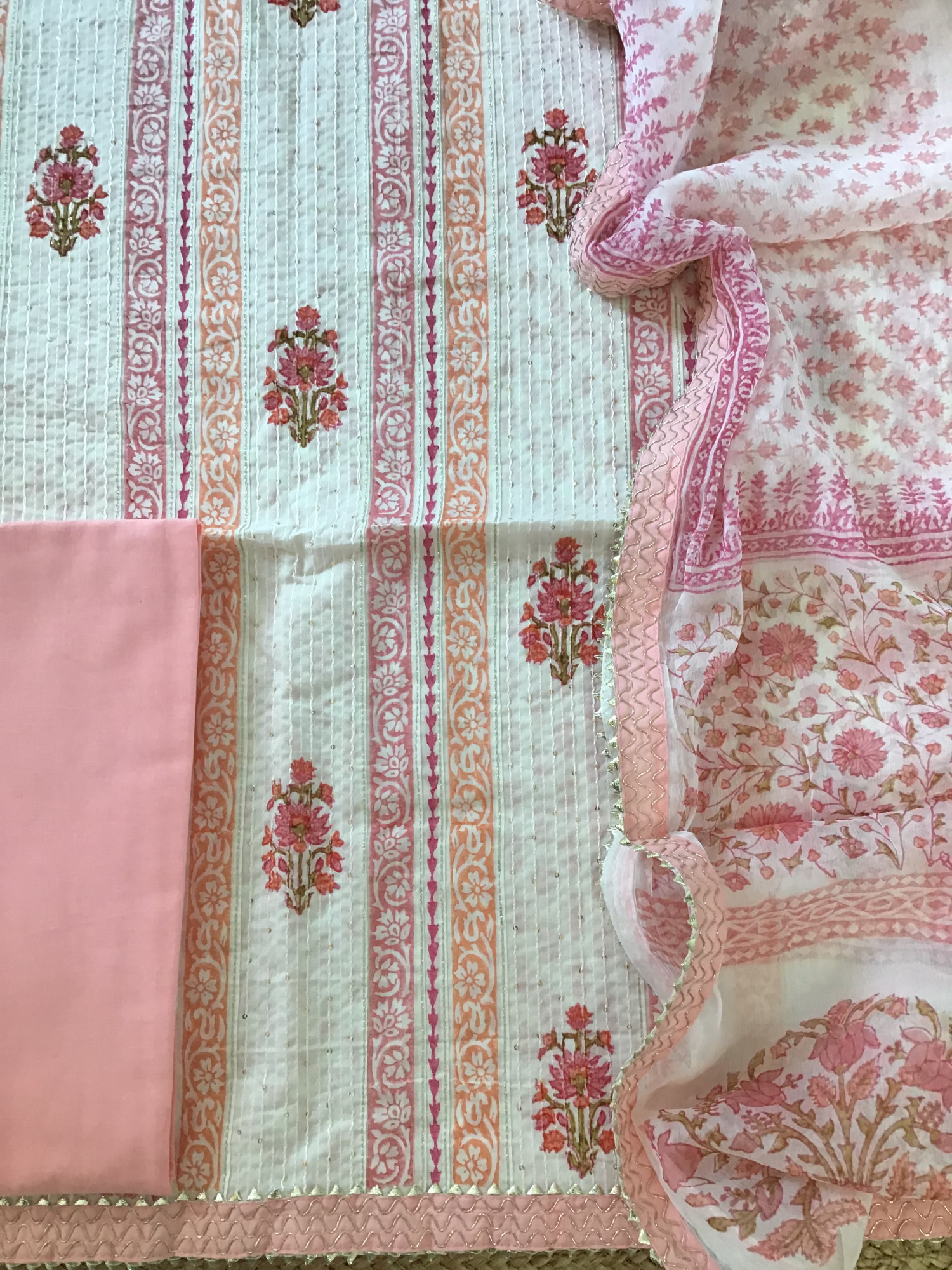 Pure Fine Cotton Printed Embroidered Suit - WhitePink