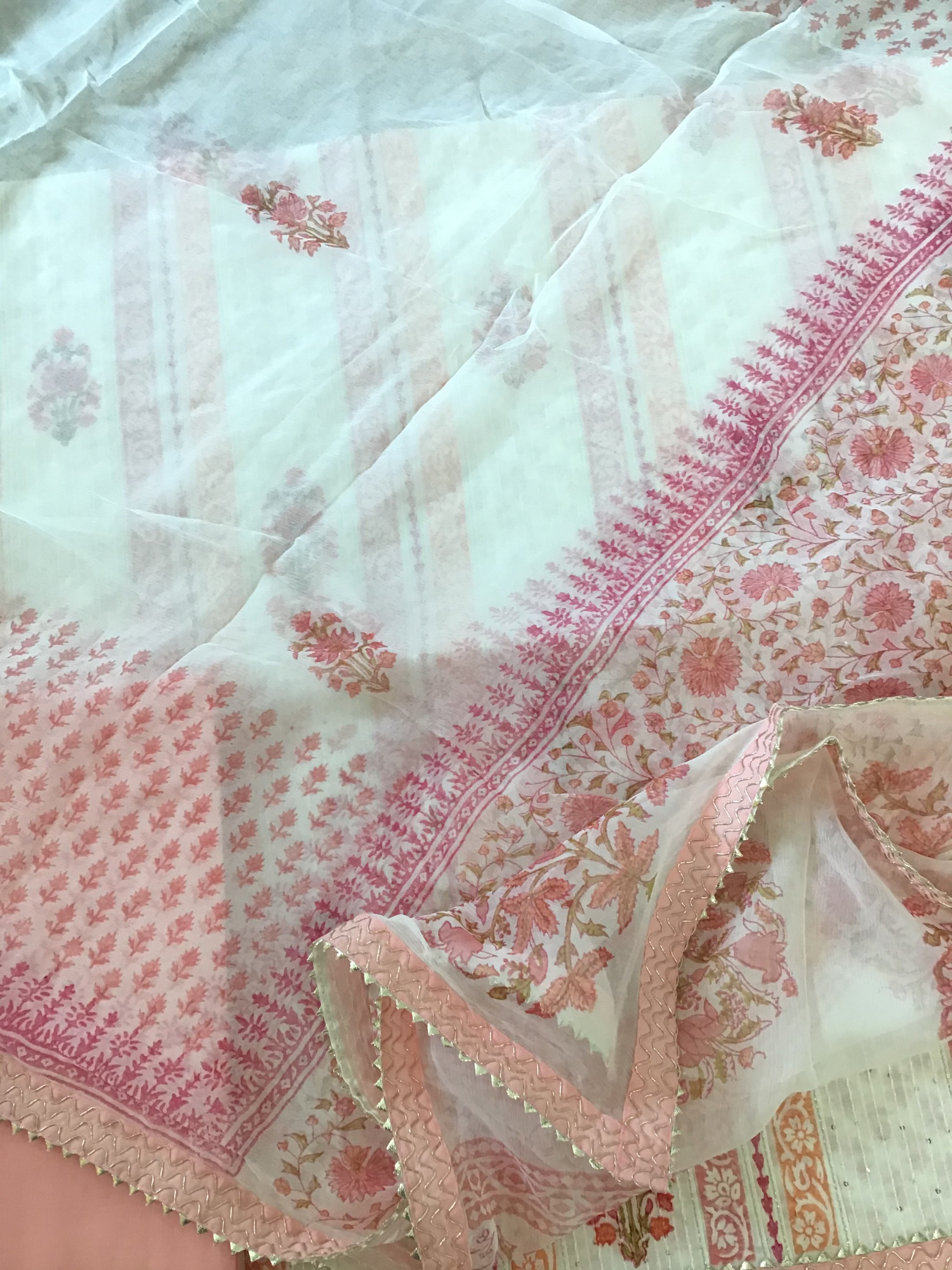 Pure Fine Cotton Printed Embroidered Suit - WhitePink