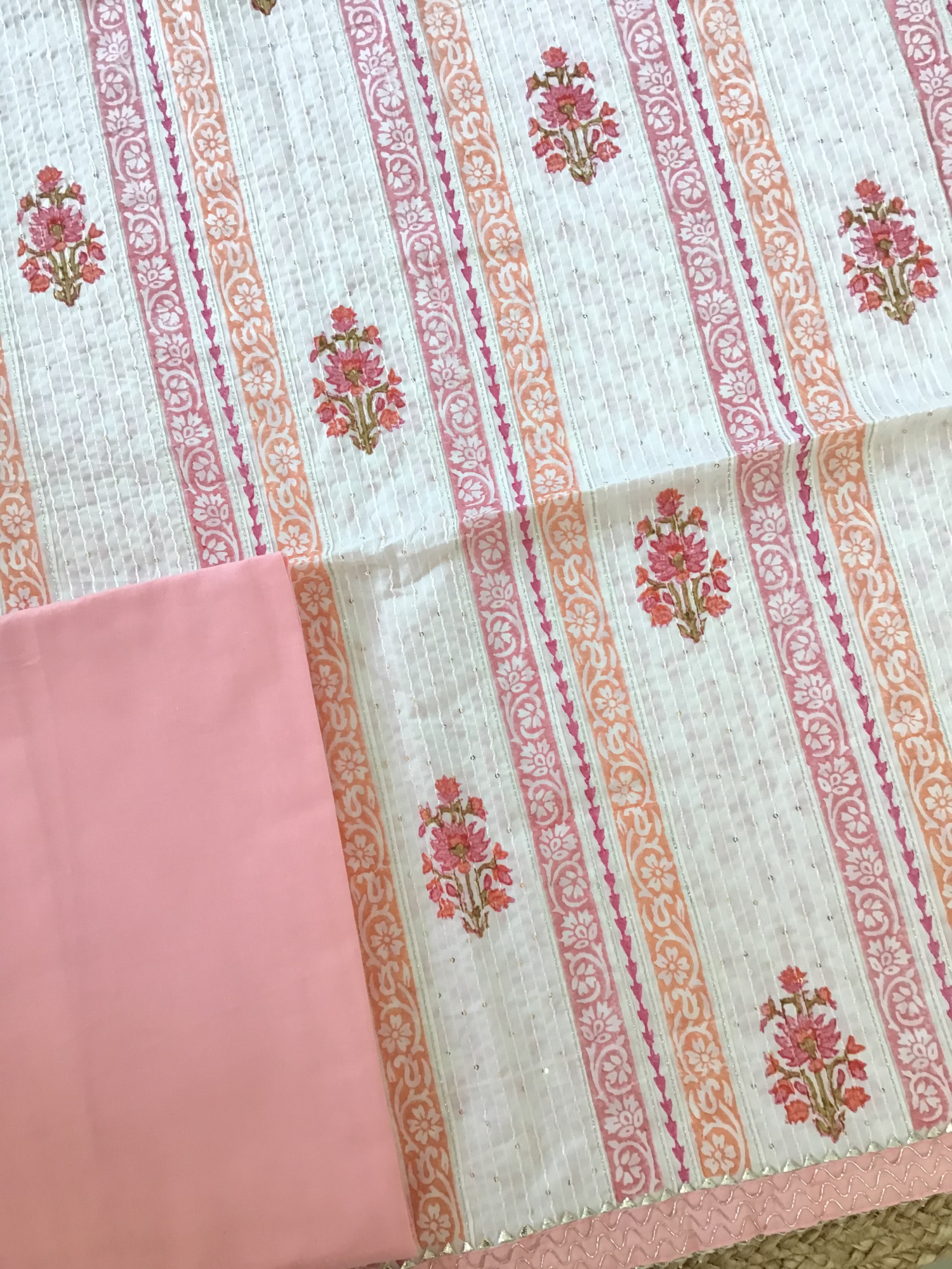 Pure Fine Cotton Printed Embroidered Suit - WhitePink