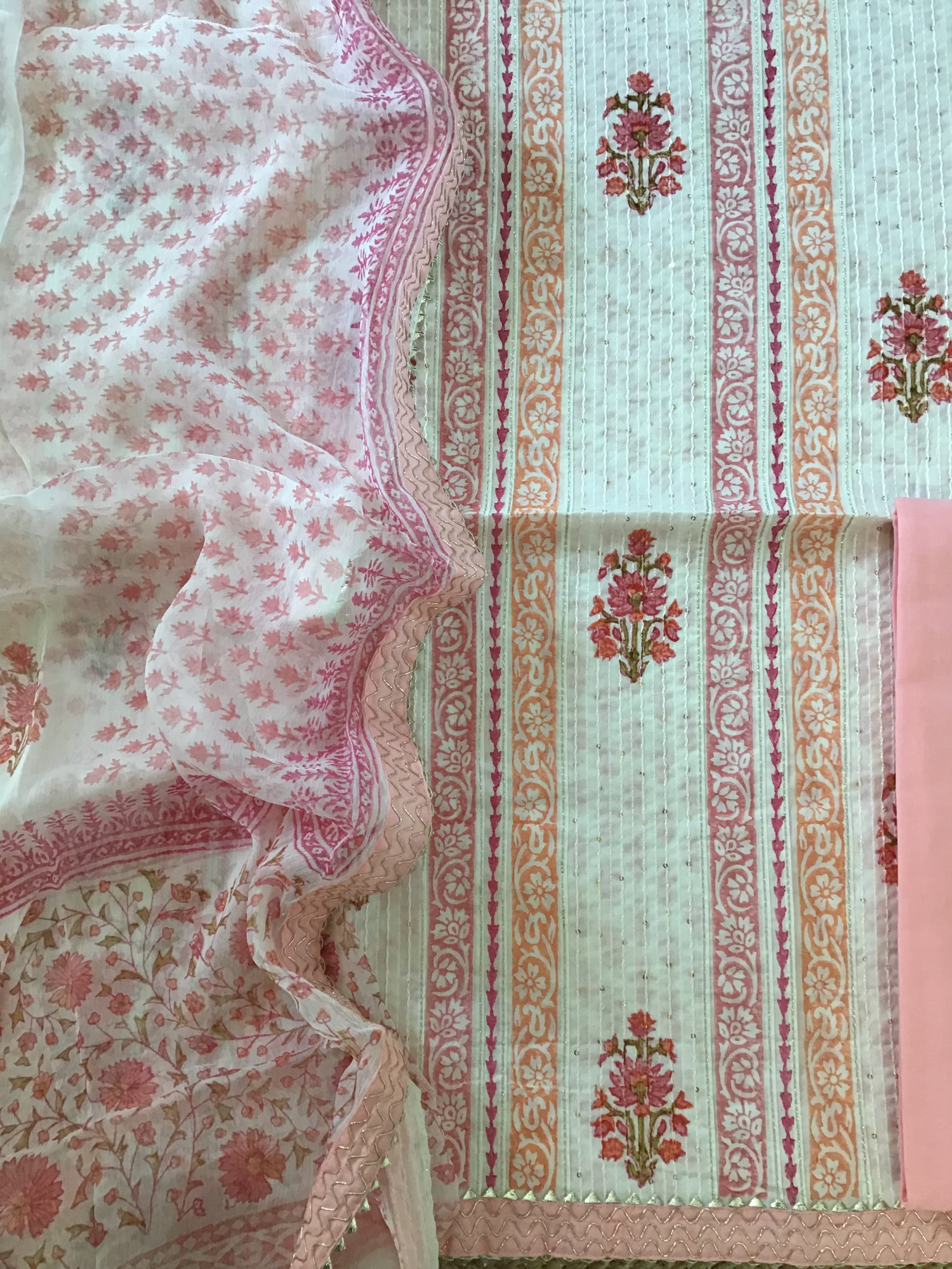 Pure Fine Cotton Printed Embroidered Suit - WhitePink