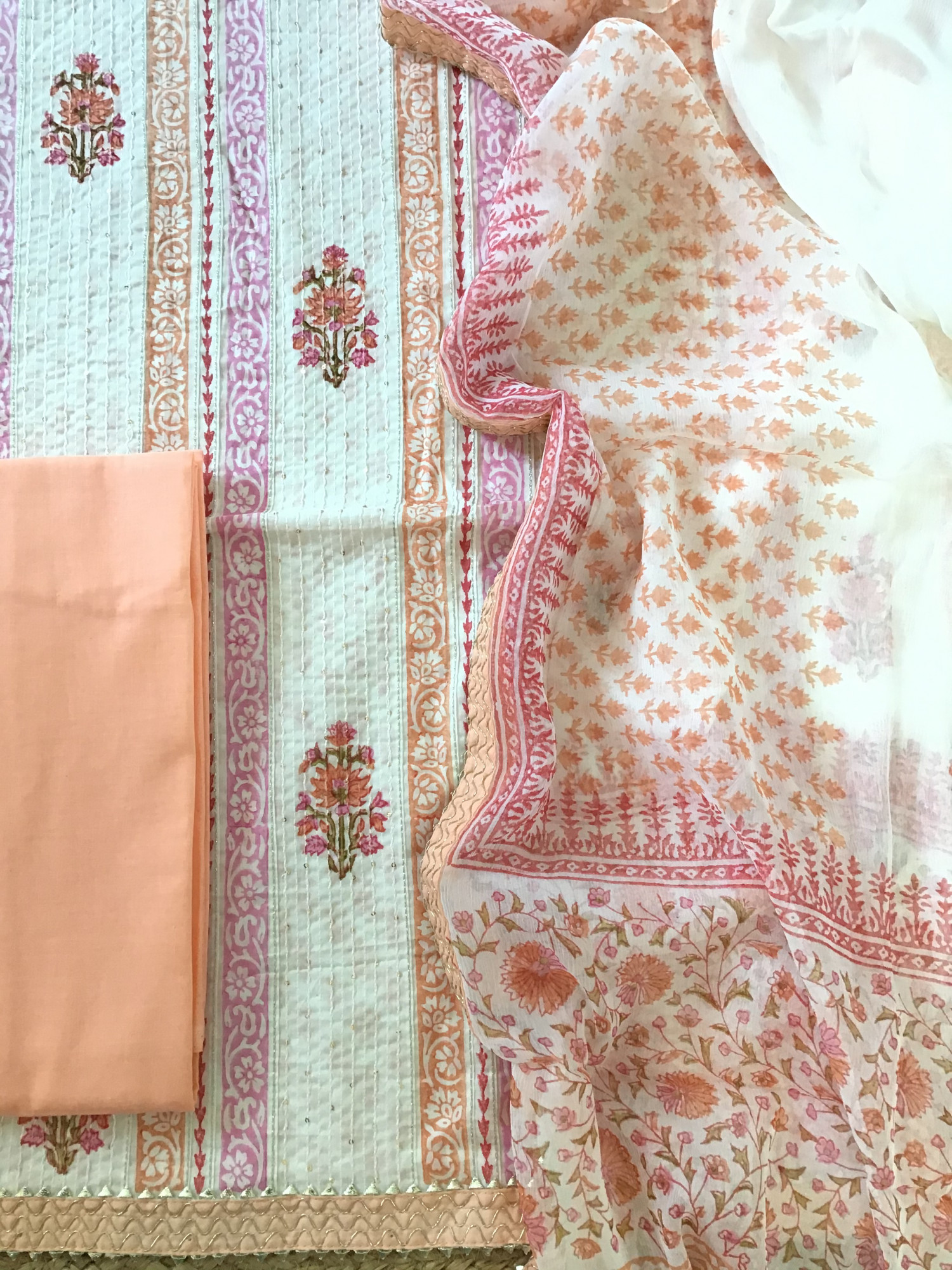 Pure Fine Cotton Printed Embroidered Suit - WhitePeach