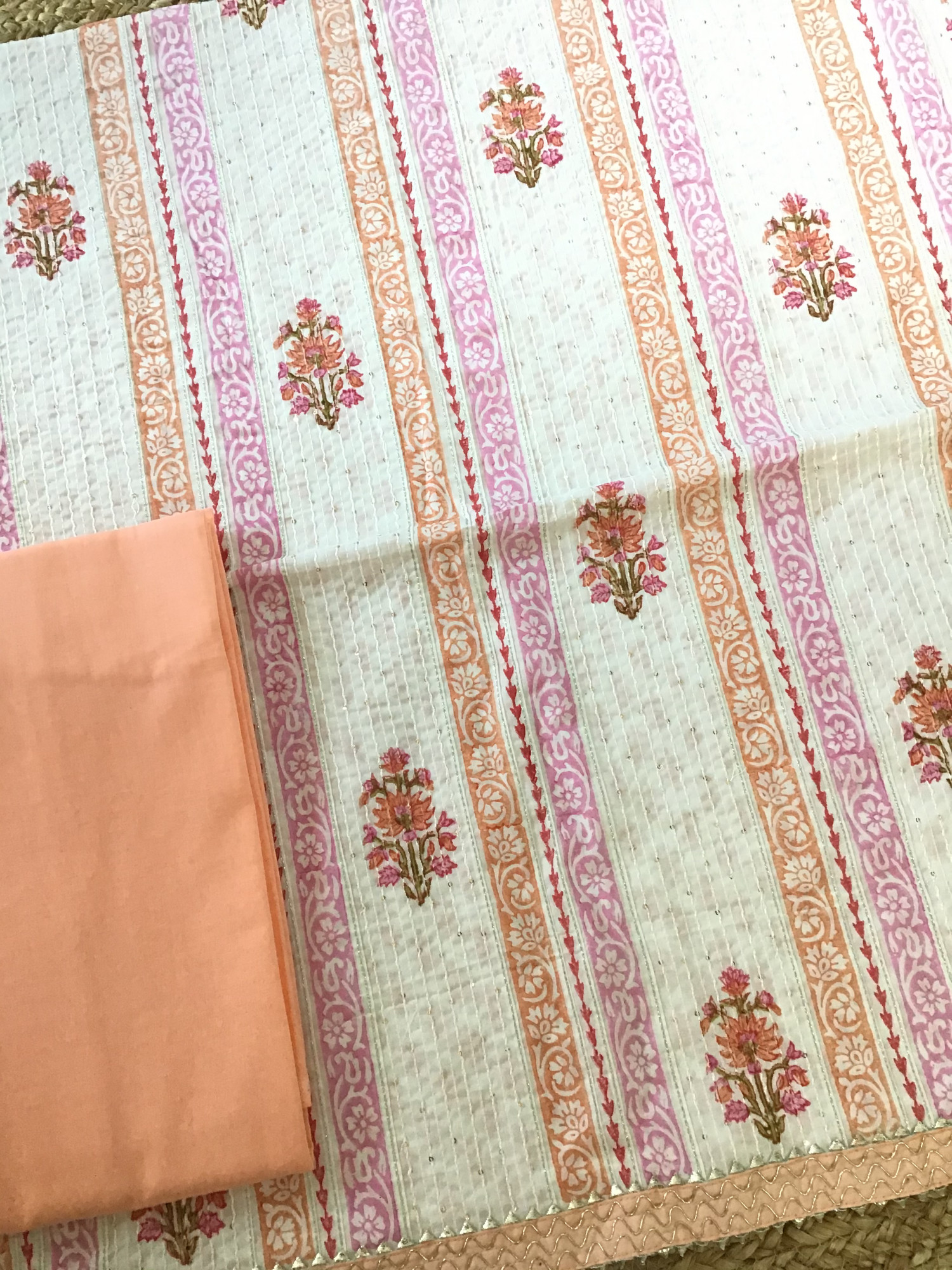 Pure Fine Cotton Printed Embroidered Suit - WhitePeach