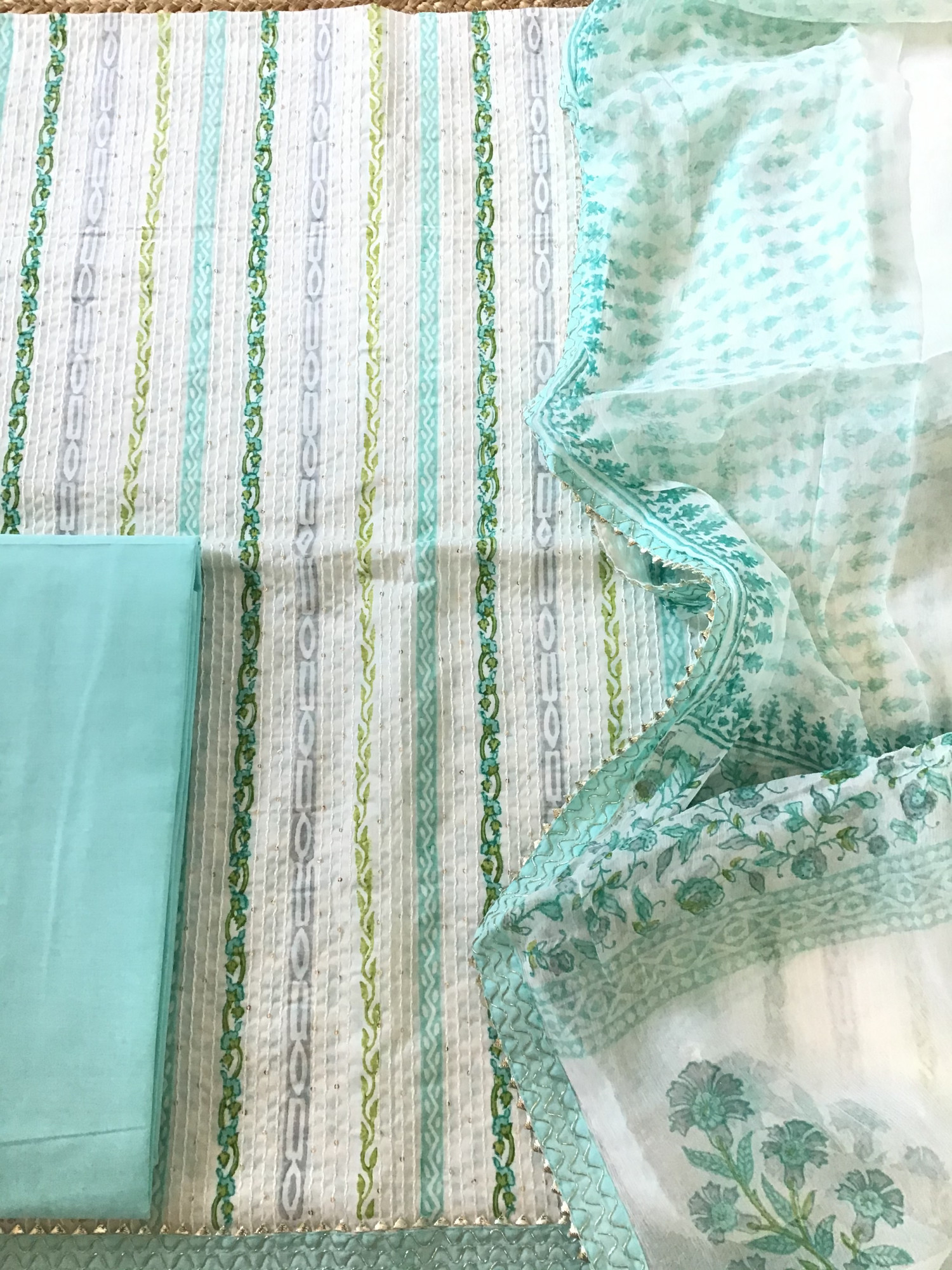 Pure Fine Cotton Printed Embroidered Suit - WhiteGreen