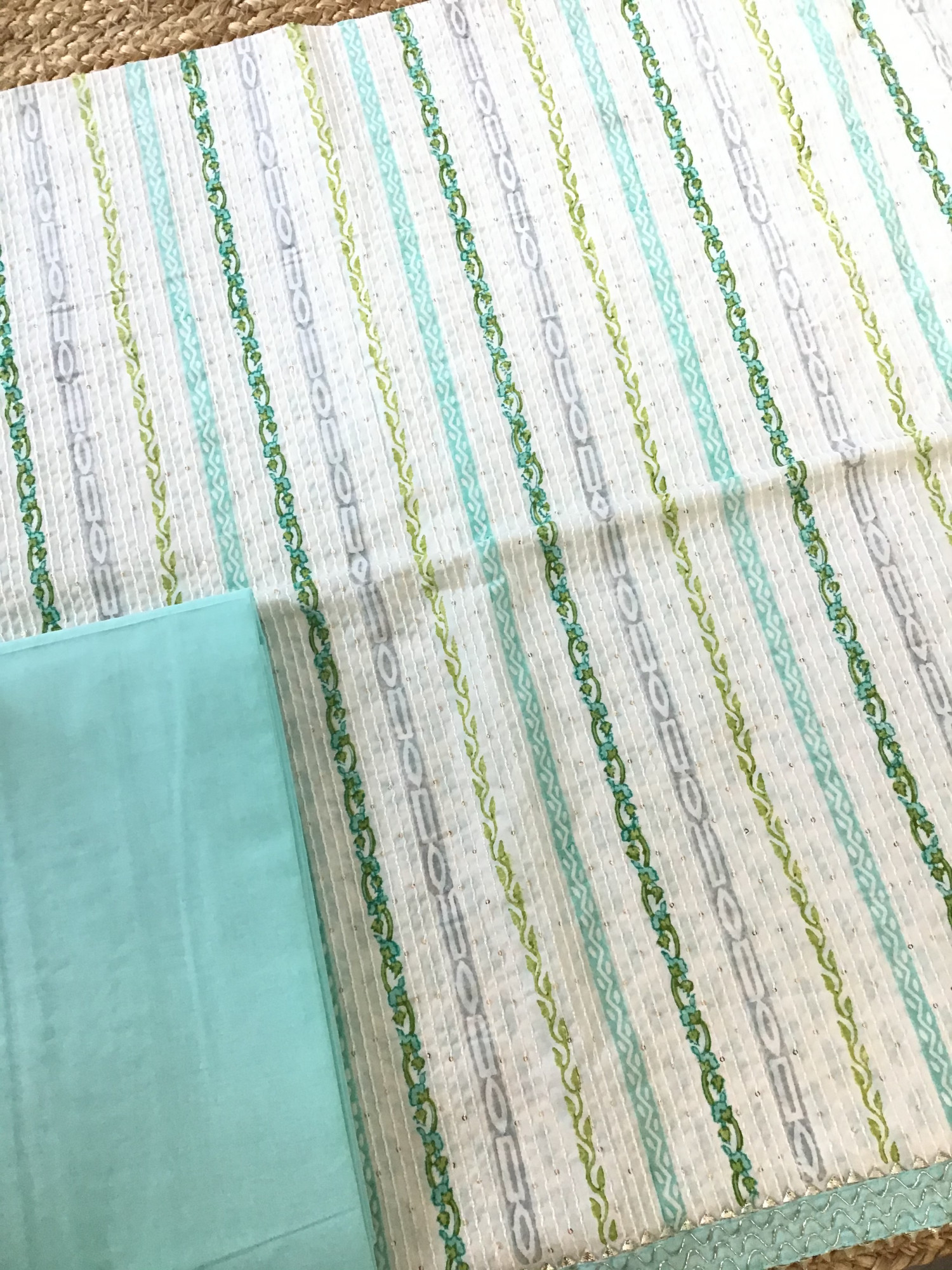 Pure Fine Cotton Printed Embroidered Suit - WhiteGreen